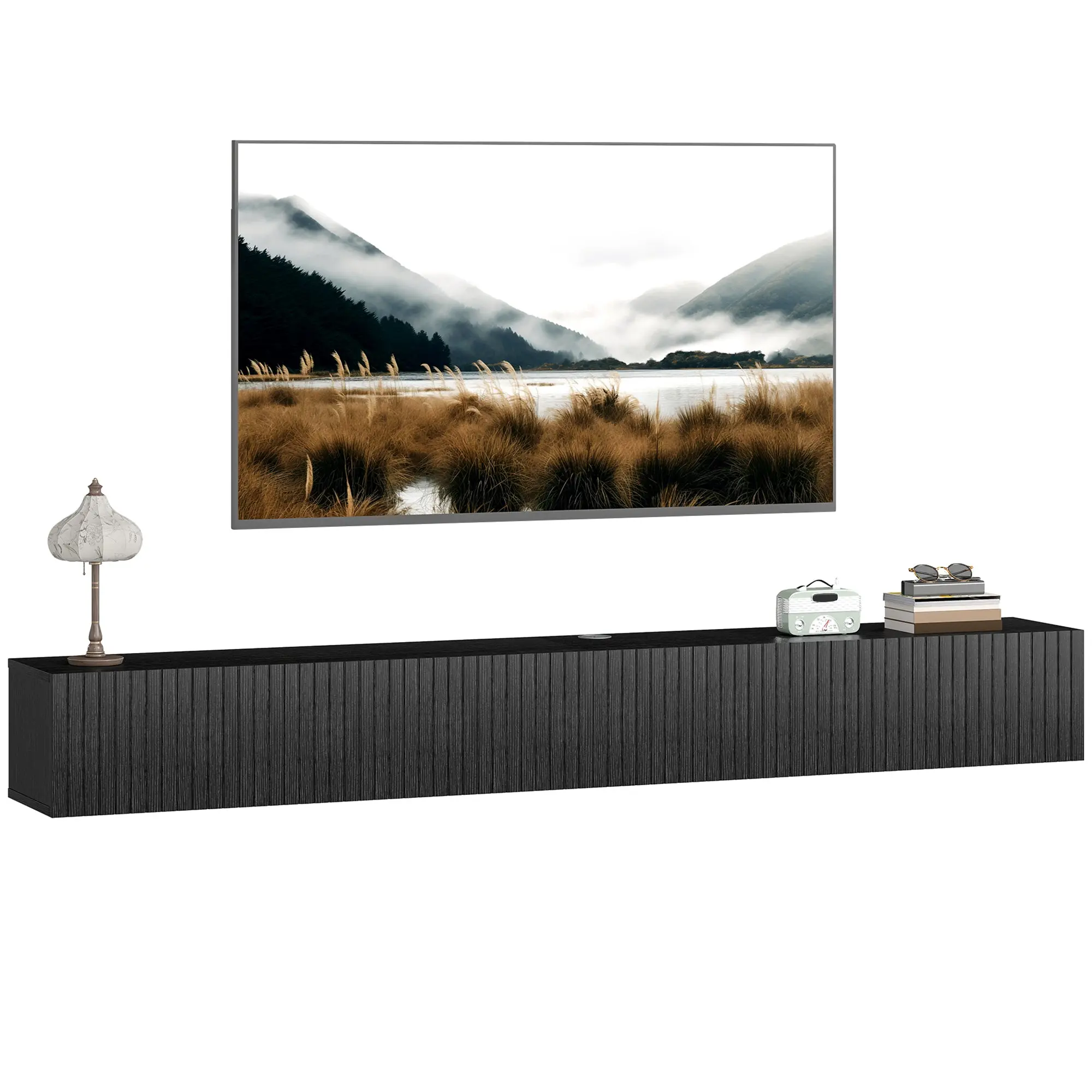 71" Floating TV Stand for TVs up to 72 Inch, Wall Mount Media Console with 2 Fluted Flip-Down Doors, Entertainment Center with Cable Hole for Living Room, Black