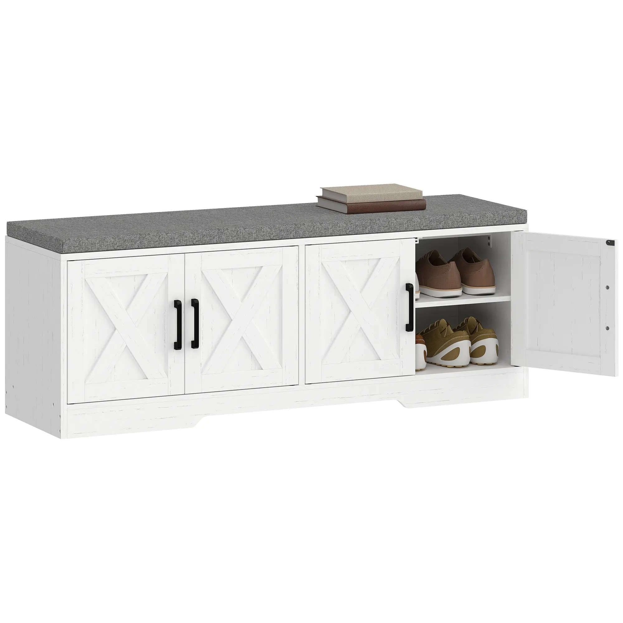 2-Tier Shoe Storage Bench with Padded Seat and Adjustable Shelves, White