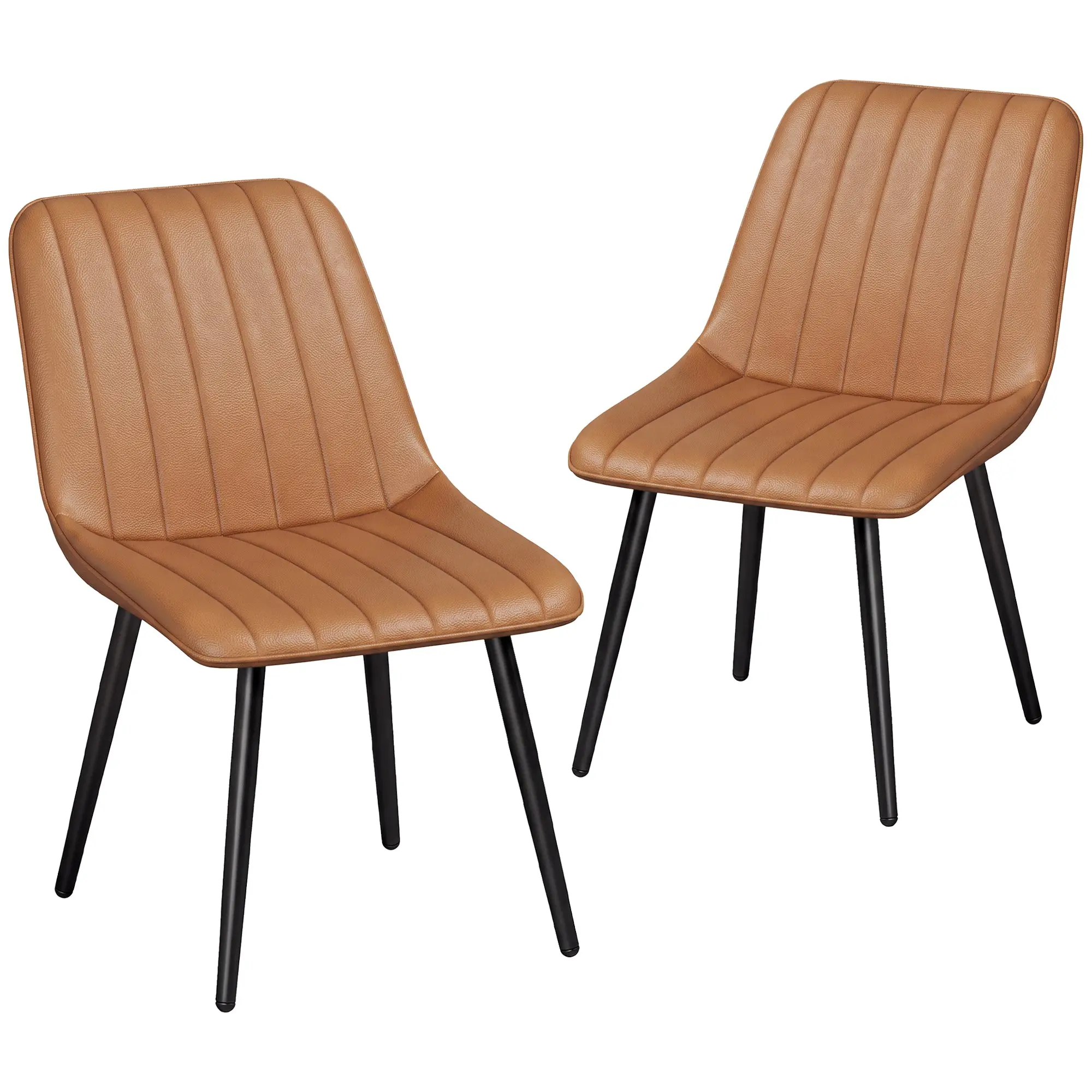 Modern dining chairs set of 2 with curved faux leather seats and metal legs, brown
