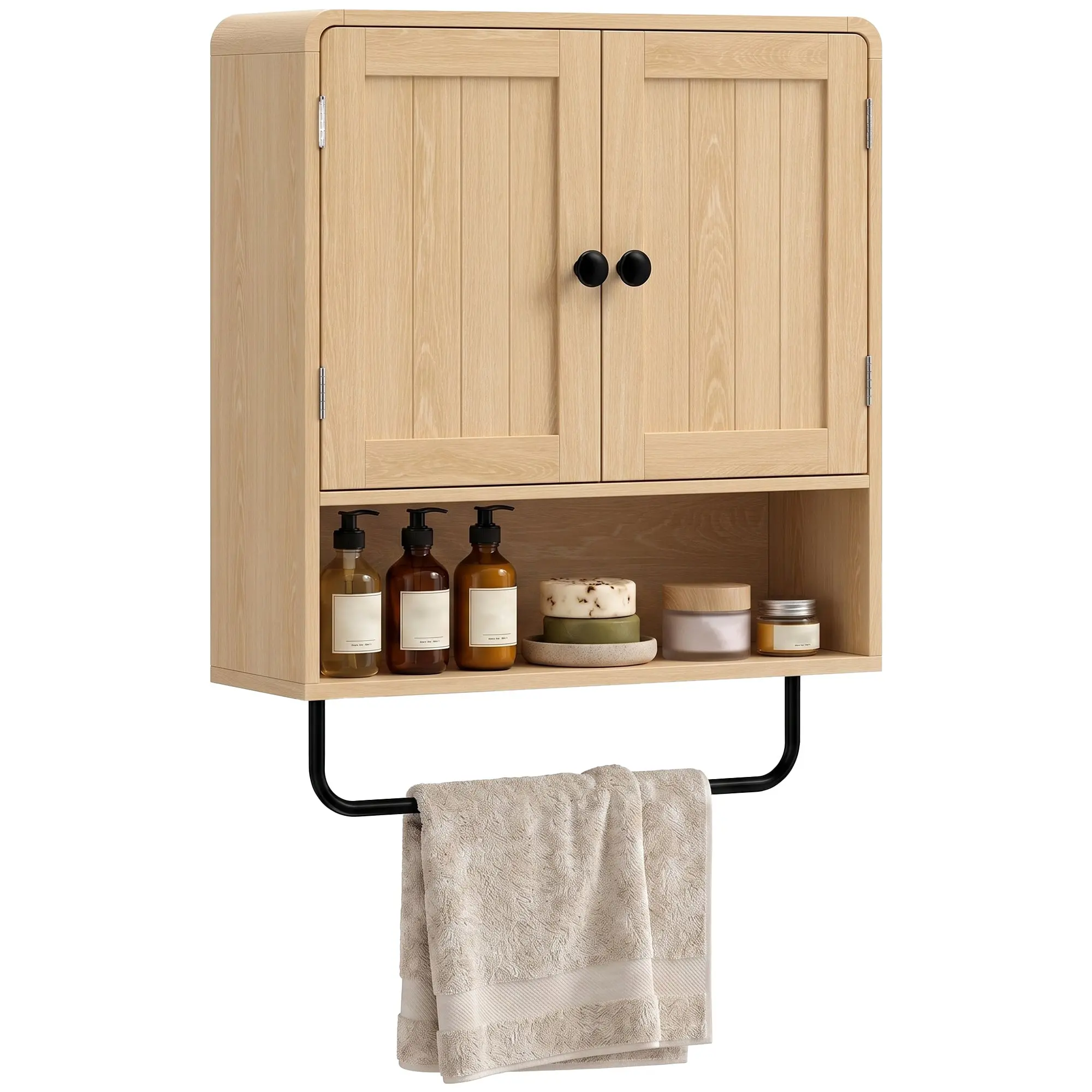 Wall-Mounted Bathroom Cabinet with 2 Doors, Adjustable Shelf & Towel Bar, Oak Finish