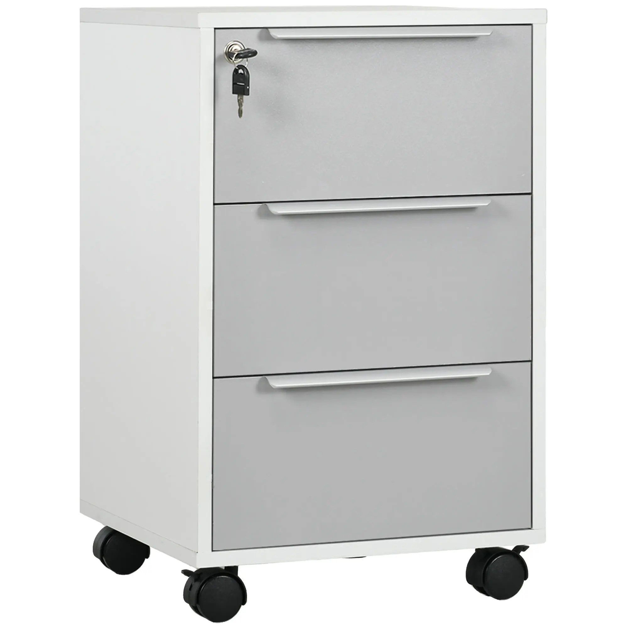 Three-Drawer Locking File Cabinet on Wheels with Secure Lock in Grey and White