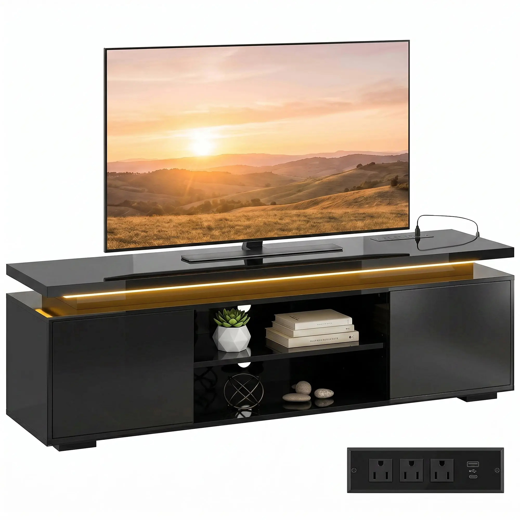 TV Stand for TVs up to 60" with LED Lights, Power Outlets, 2 Cabinets, Black