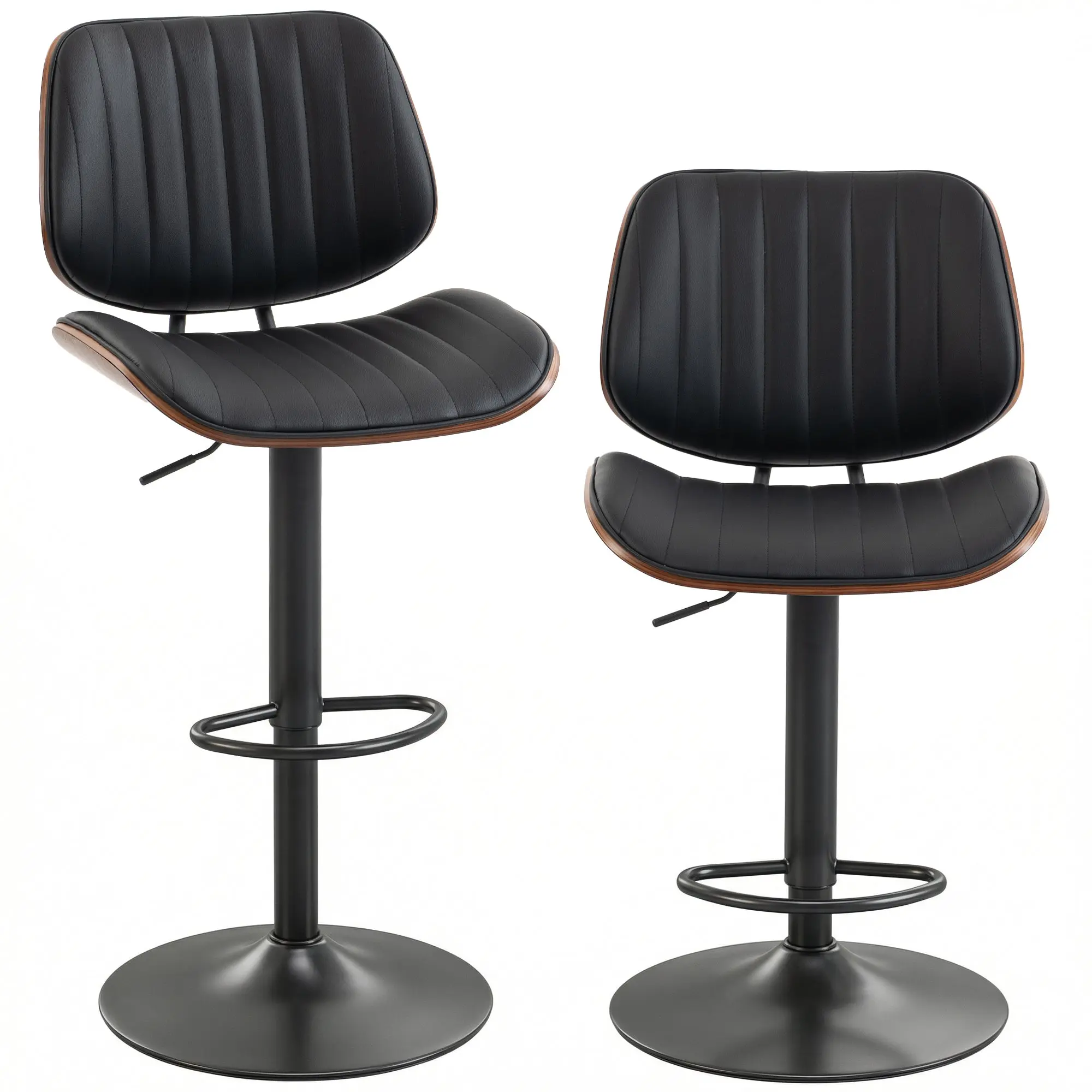 Set of 2 Mid-Century Swivel Counter Stools with Back, Adjustable & Footrest, Black
