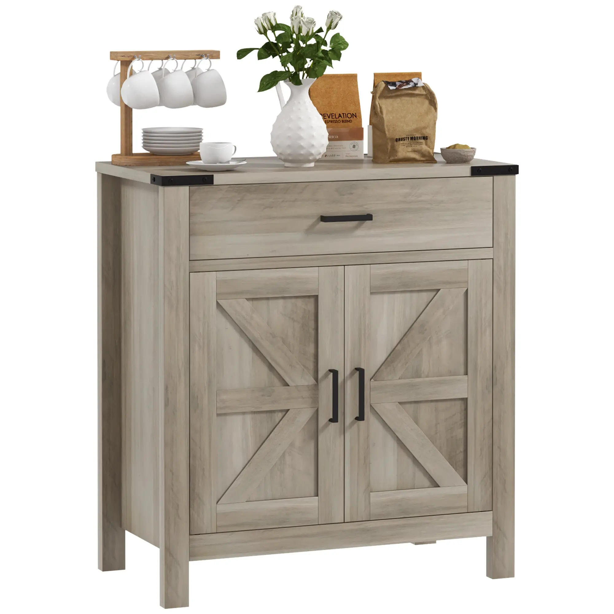 Farmhouse Sideboard with 1 Drawer 1 Cabinet & Barn Door Adjustable Shelf, Grey