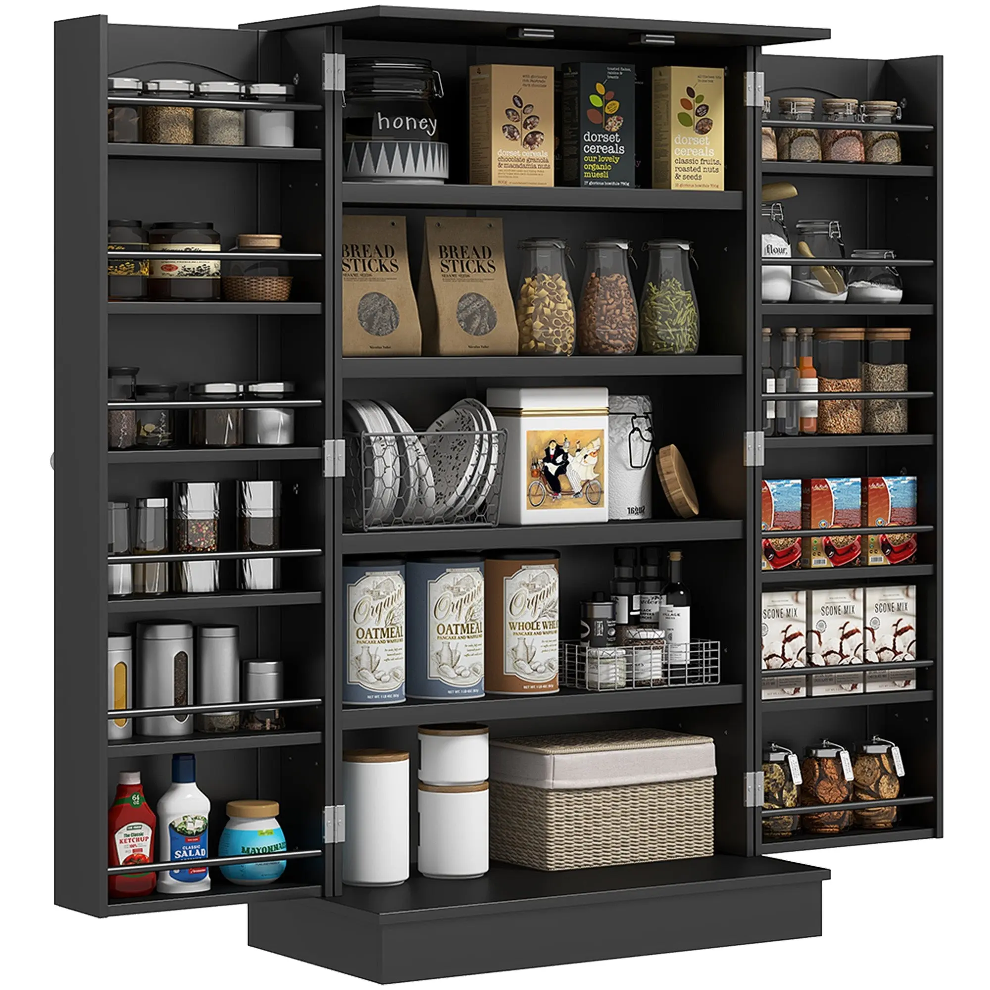41" Kitchen Pantry Cabinet w/ 12 Door Shelves, Double Doors, 5-tier Shelving, Black