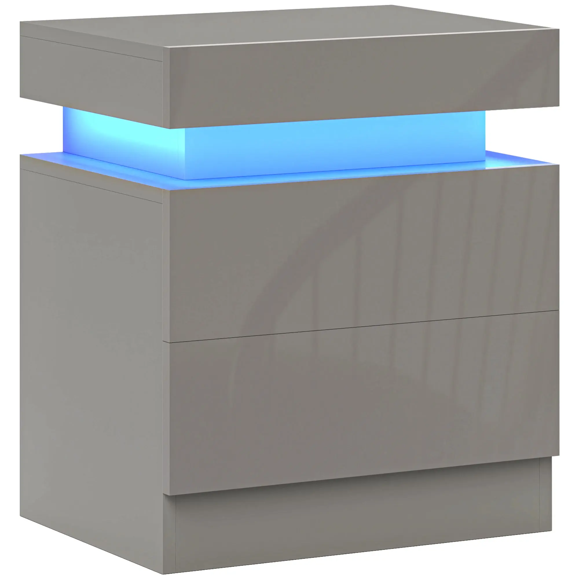 High Gloss Bedside Table with APP Control, RGB LED Nightstand, 2 Drawers, Grey