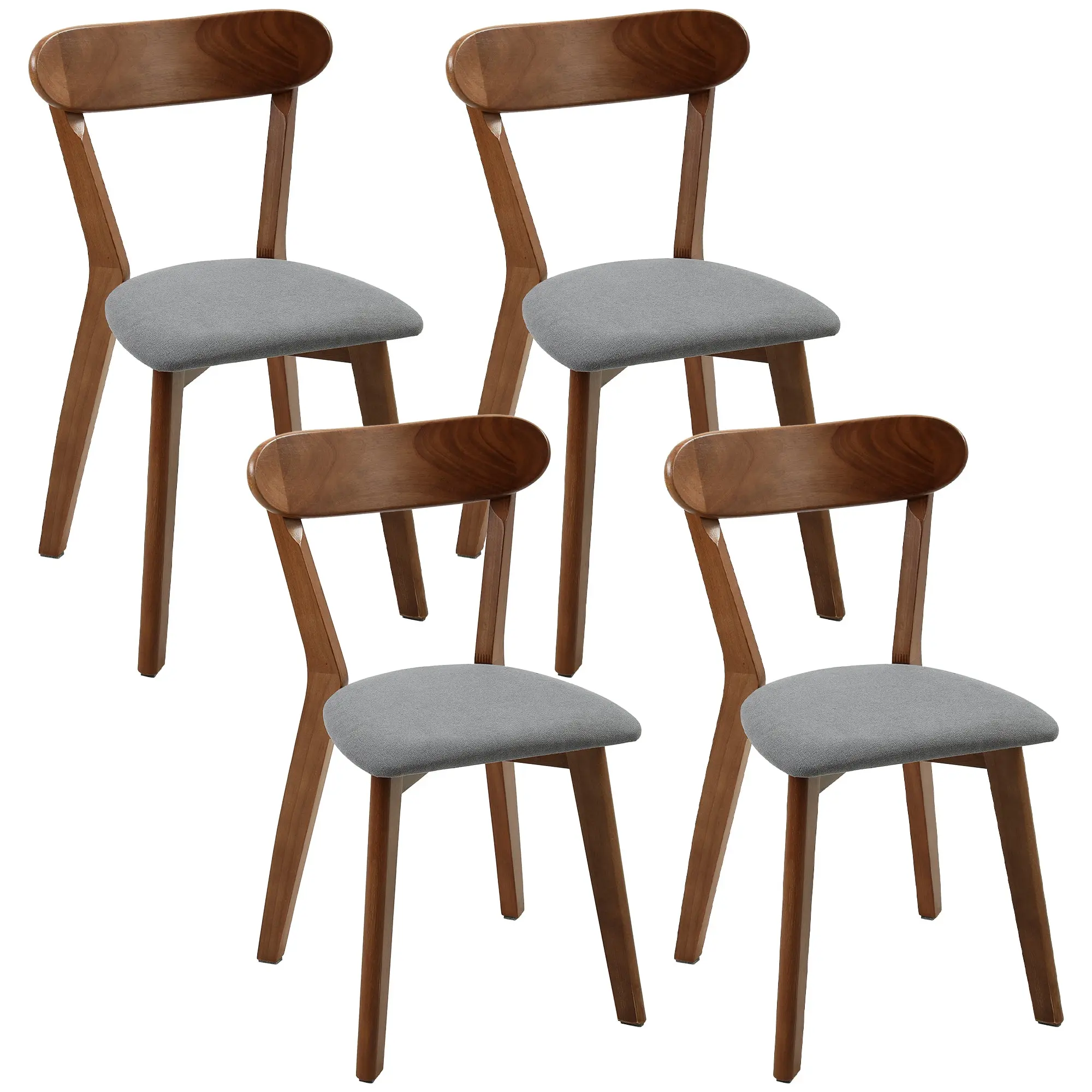 Set of 4 Mid-Century Upholstered Chairs with Rubberwood Legs, Grey & Brown