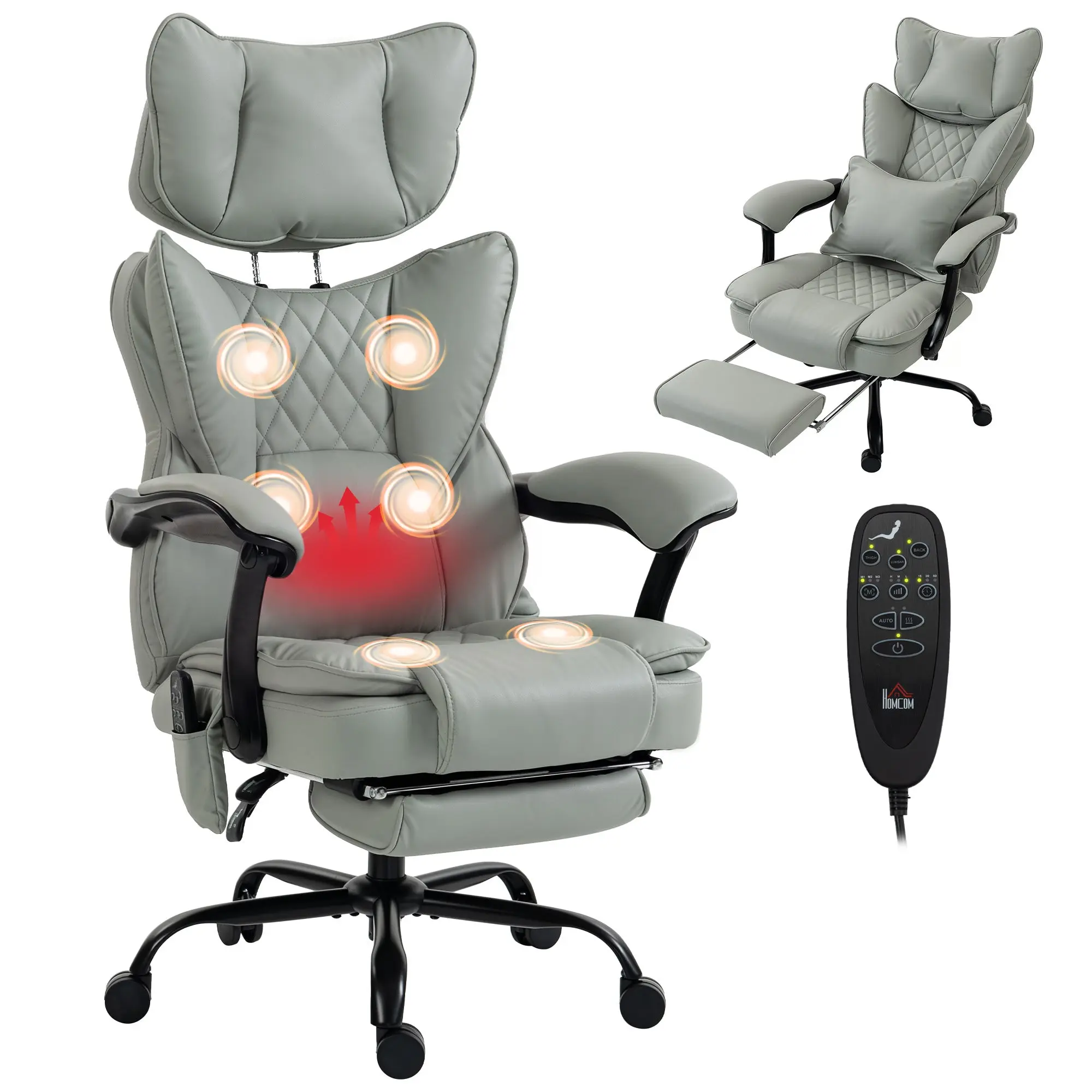 Heated High-Back Massage Recliner Chair with Headrest & Footrest, PU, Gray