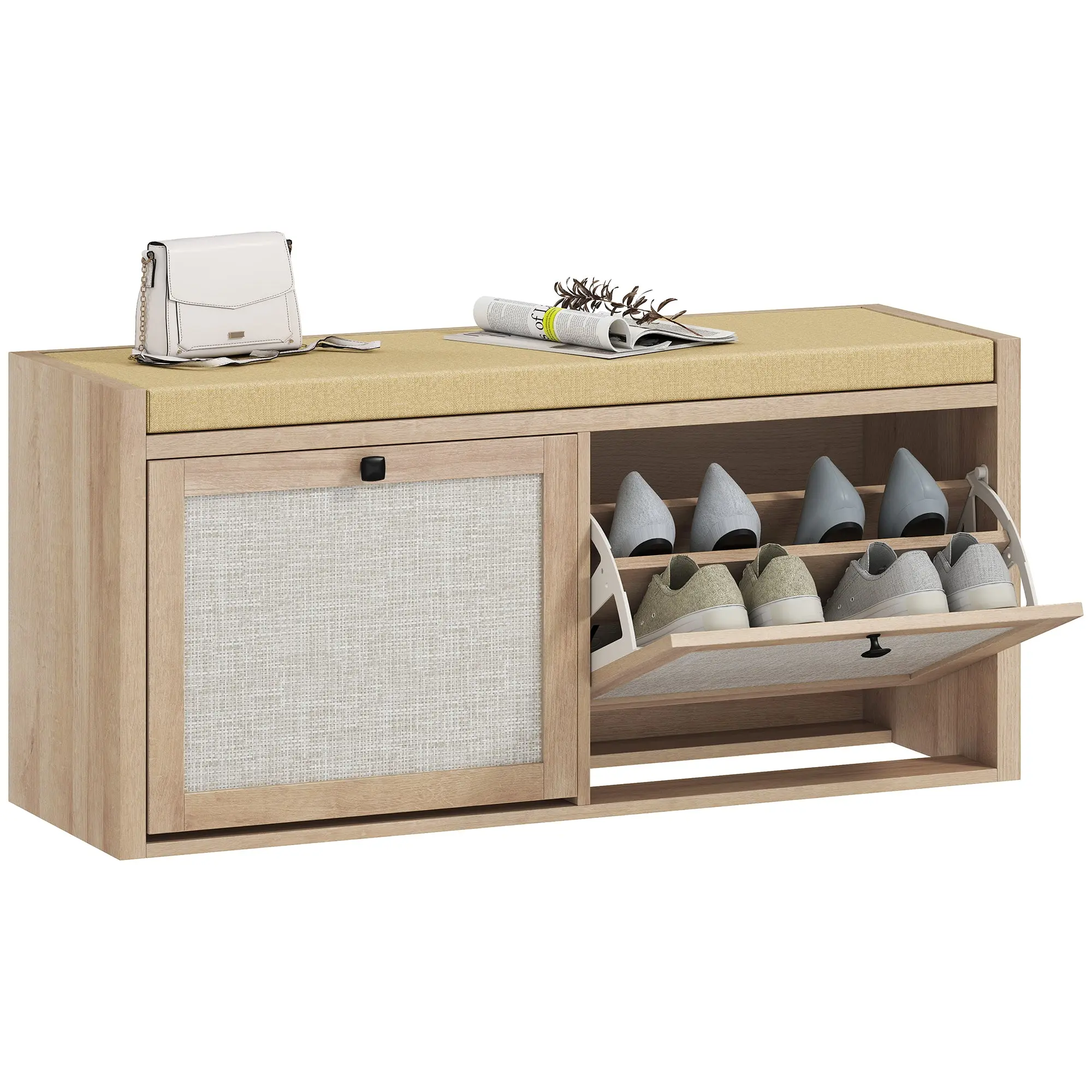 Shoe Storage Bench with Padded Cushion Seat and 2 Rattan Doors, Oak Wood Effect