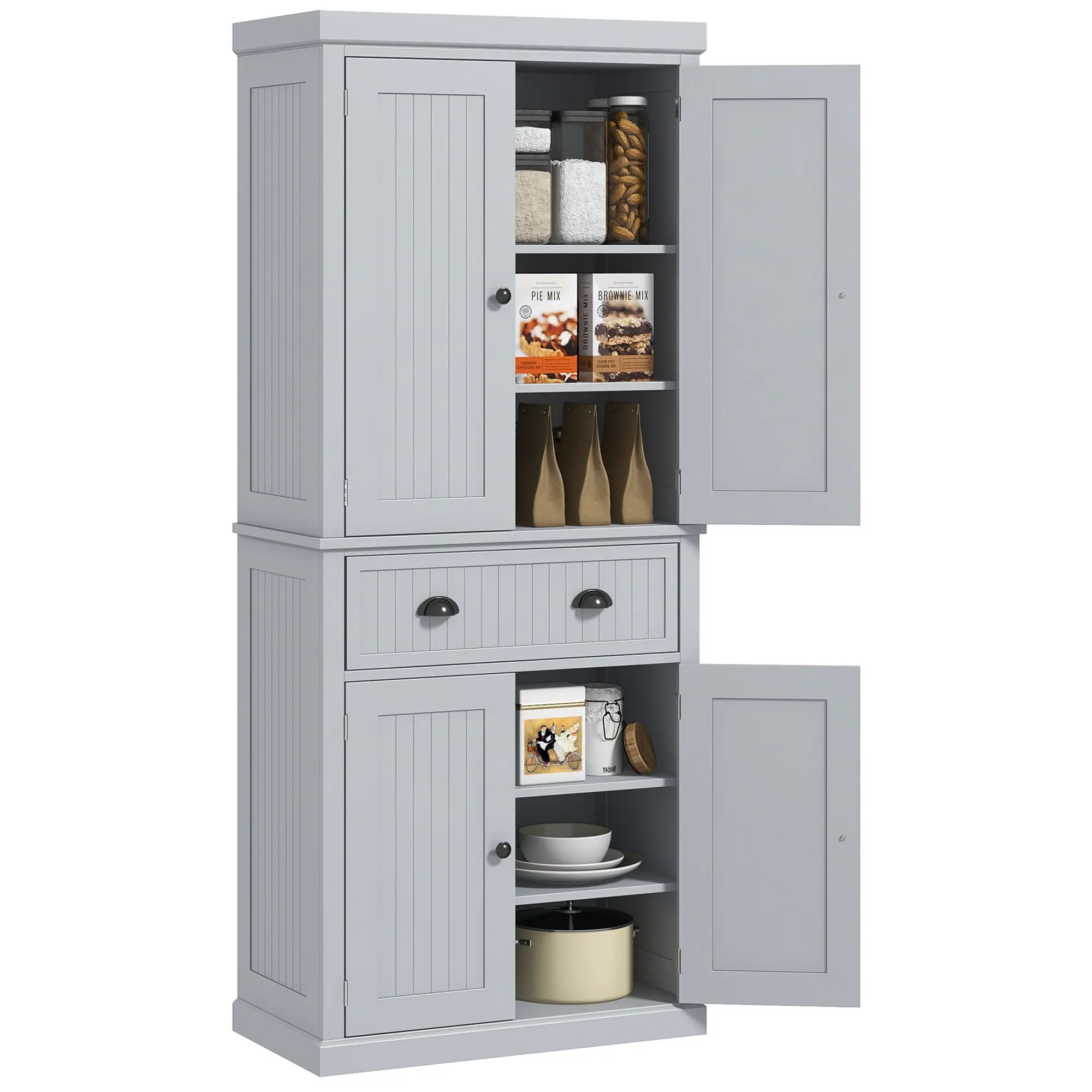 183cm Tall Kitchen Cupboard, Kitchen Pantry Cabinet with Drawer, 3 Adjustable Shelves and 4 Doors, Freestanding Storage Cabinet for Dining Room, Living Room, Grey