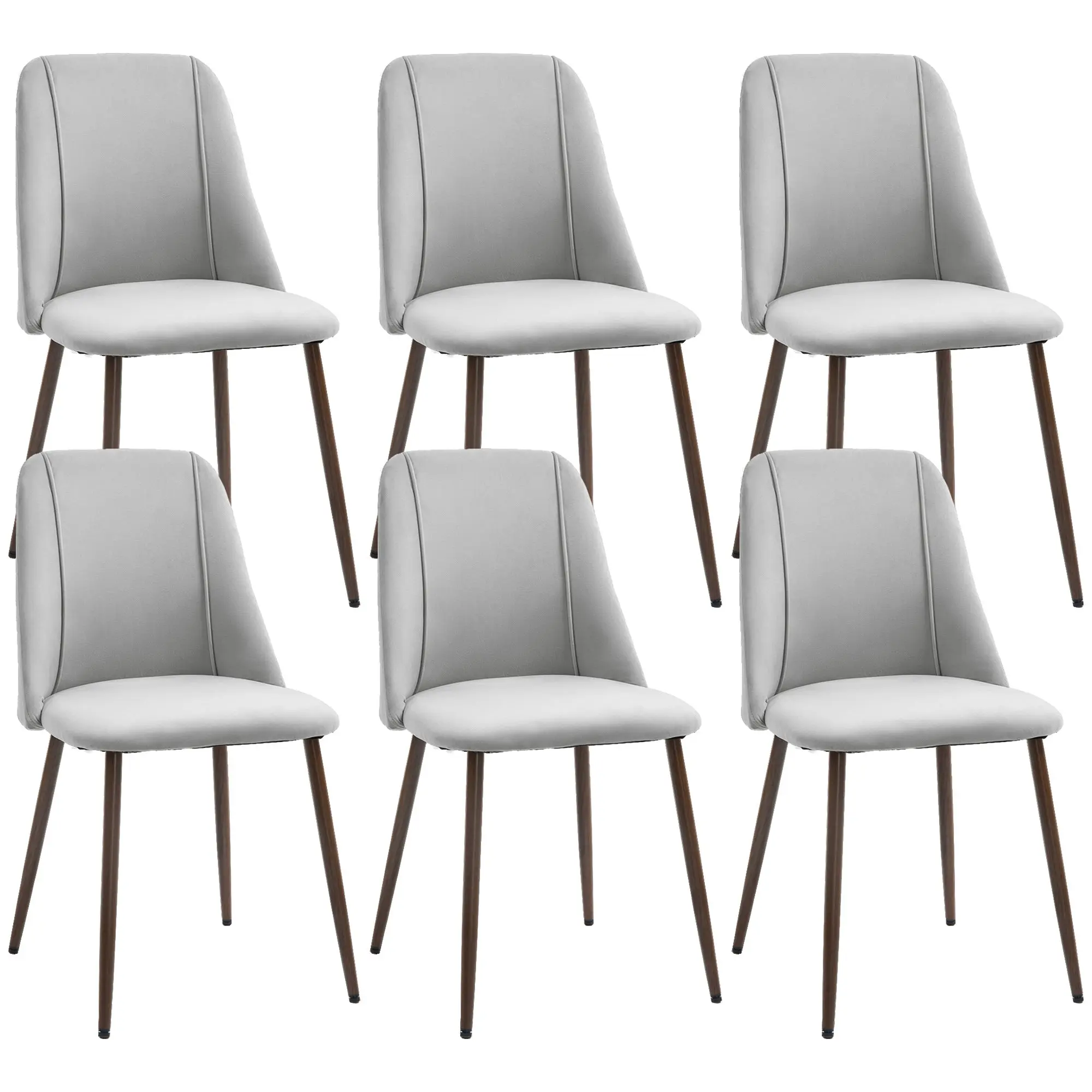 Set of 6 Velvet Dining Chairs with Wood-Grain Steel Legs, Grey