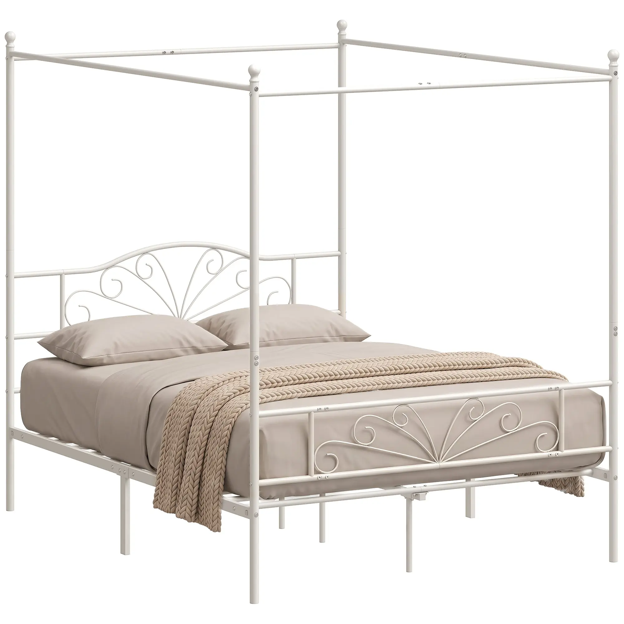 King Size Canopy Metal Bed with Headboard & Footboard, Underbed Storage, White
