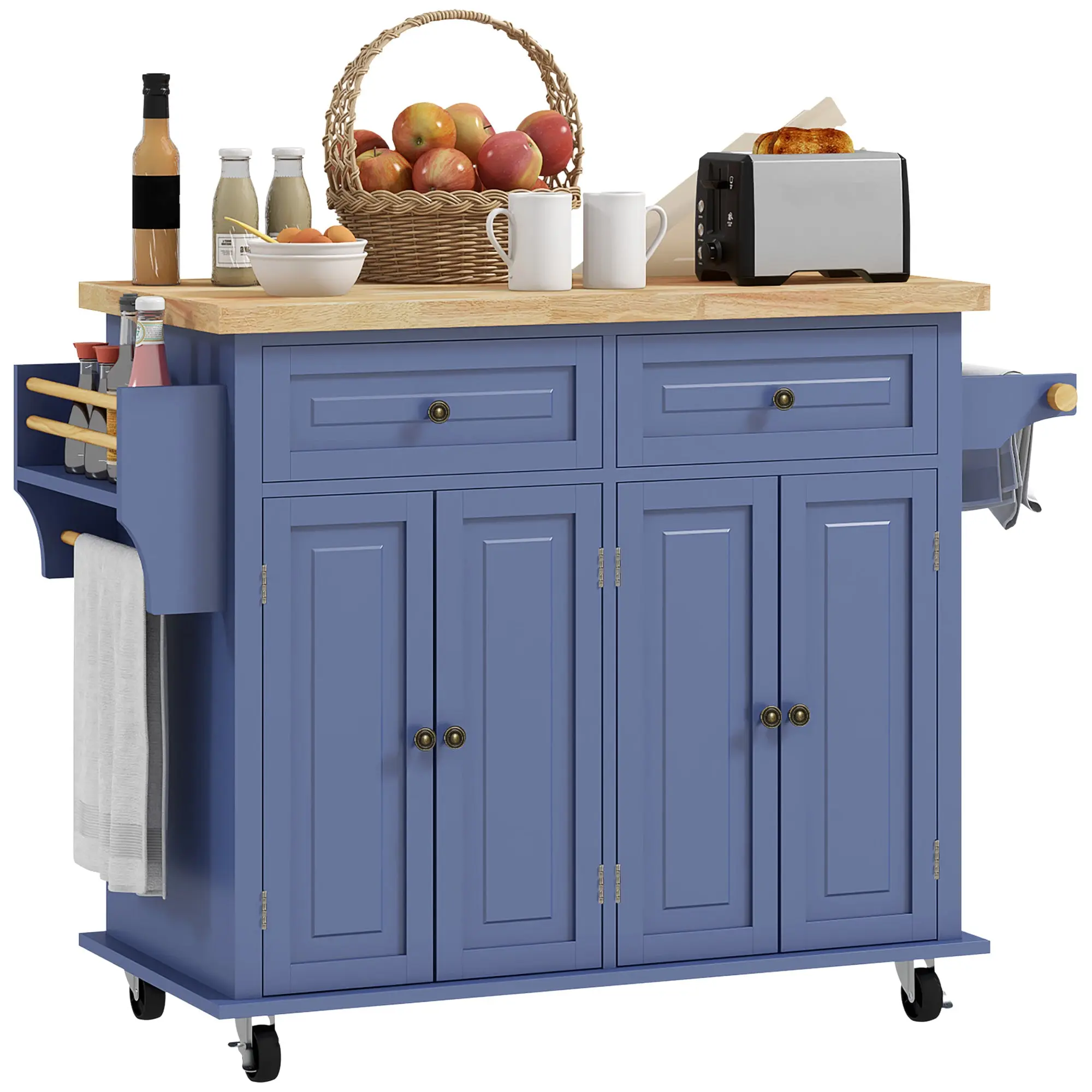 GlideSpace Rolling Kitchen Island with Rubberwood Top and Spice Rack for Kitchen, Navy Blue