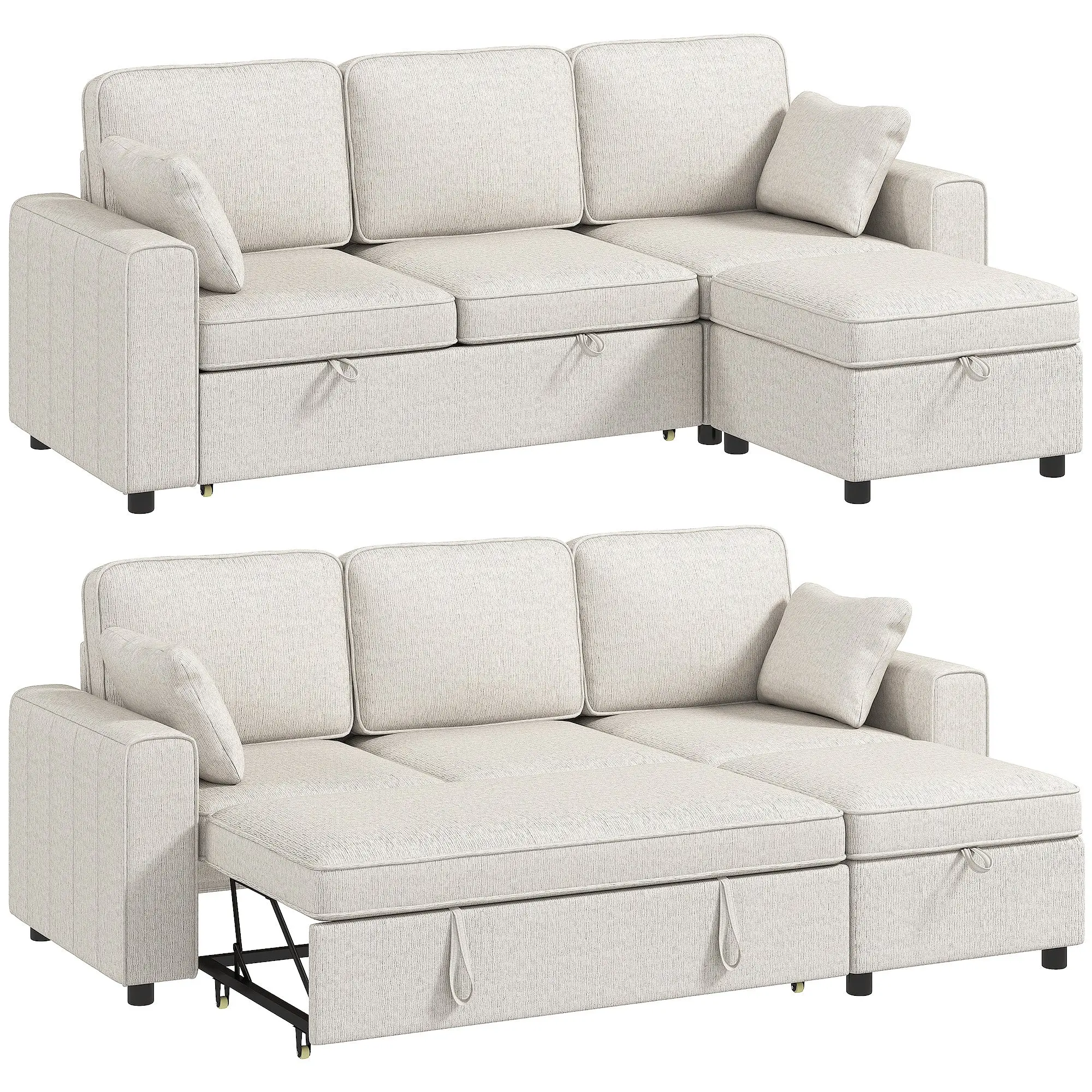 Modular Sectional Sofa Bed with Reversible Ottoman & Pull-Out Sleeper, Beige