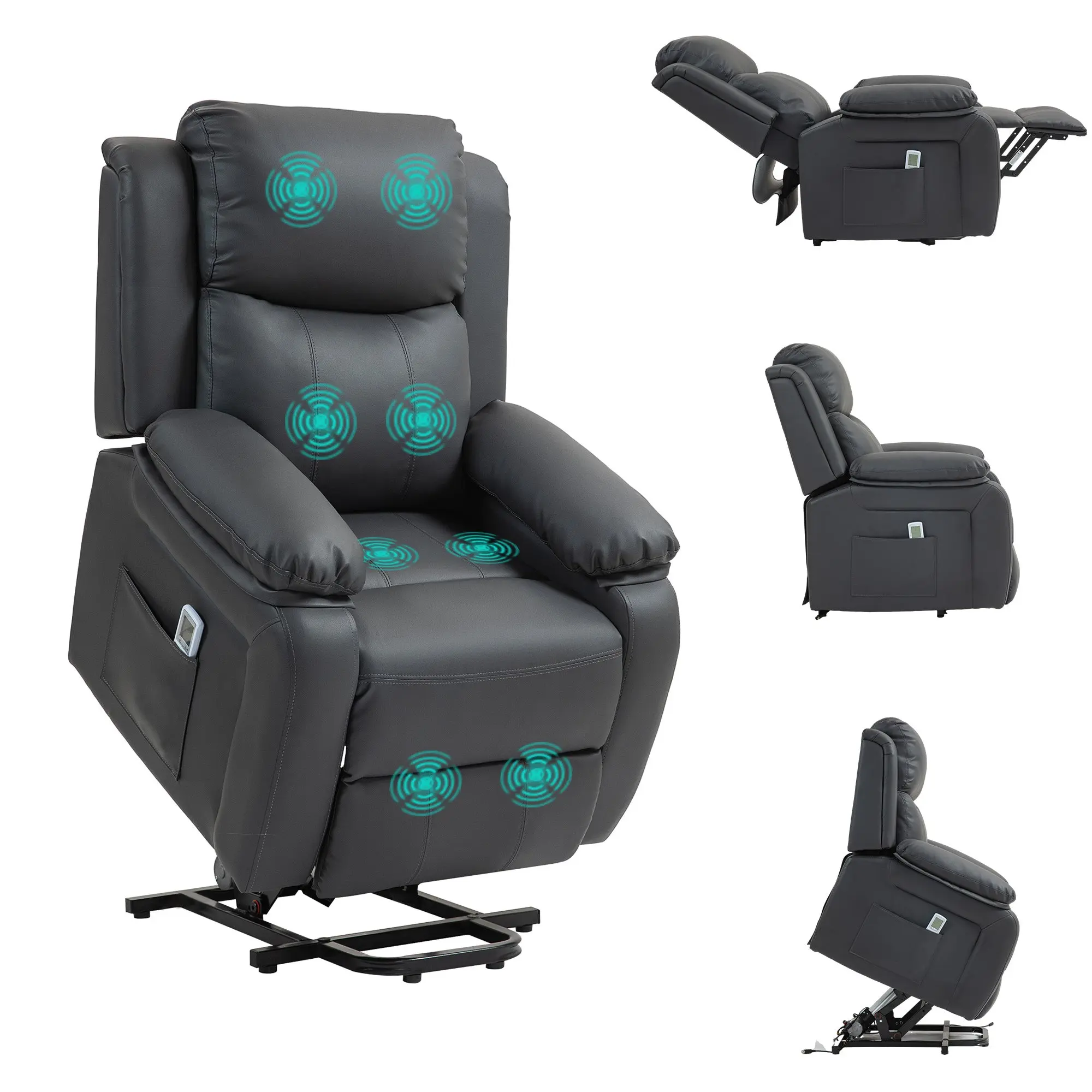 Power Lift Recliner with Vibration Massage, PU Leather Headrest, Dark Grey