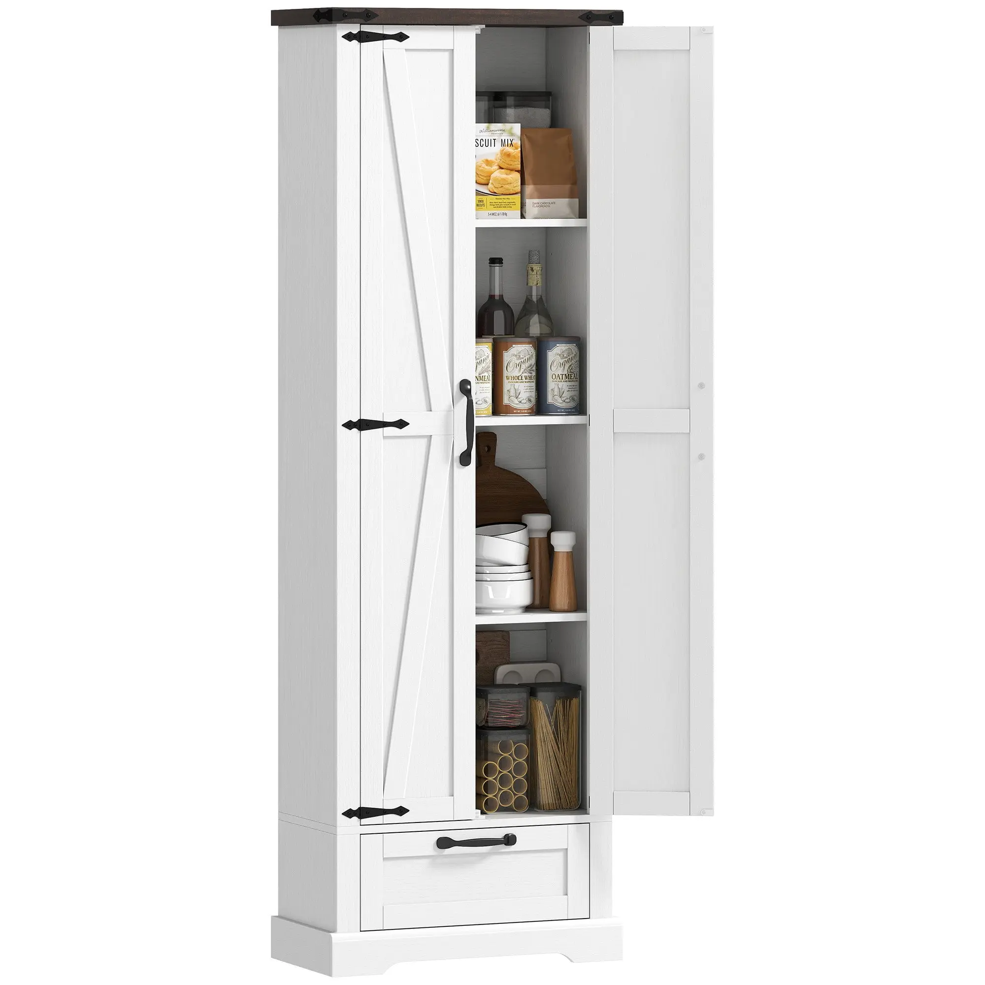 71" Tall Pantry Cabinet with Barn Doors, Drawer & Adjustable Shelves, White