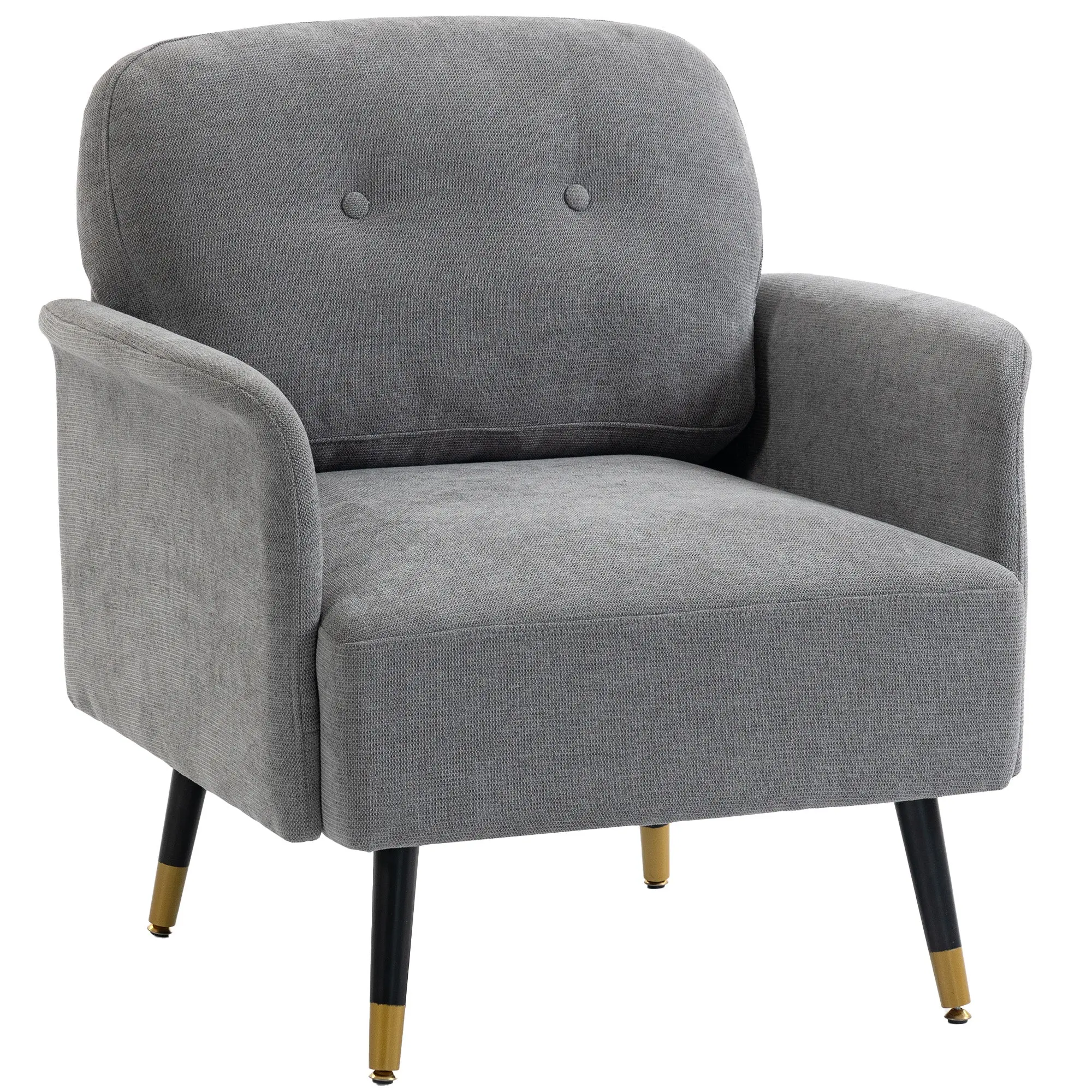 Button Tufted Accent Chair with Upholstered Arms, Thick Cushion, Metal Legs, Grey