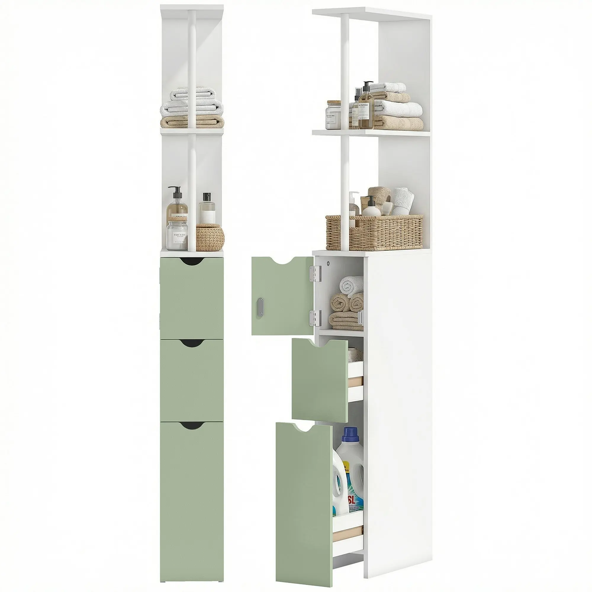 Tall Slim Bathroom Cabinet with 2-Tier Open Shelf & 2 Drawers for Small Spaces, White and Light Green