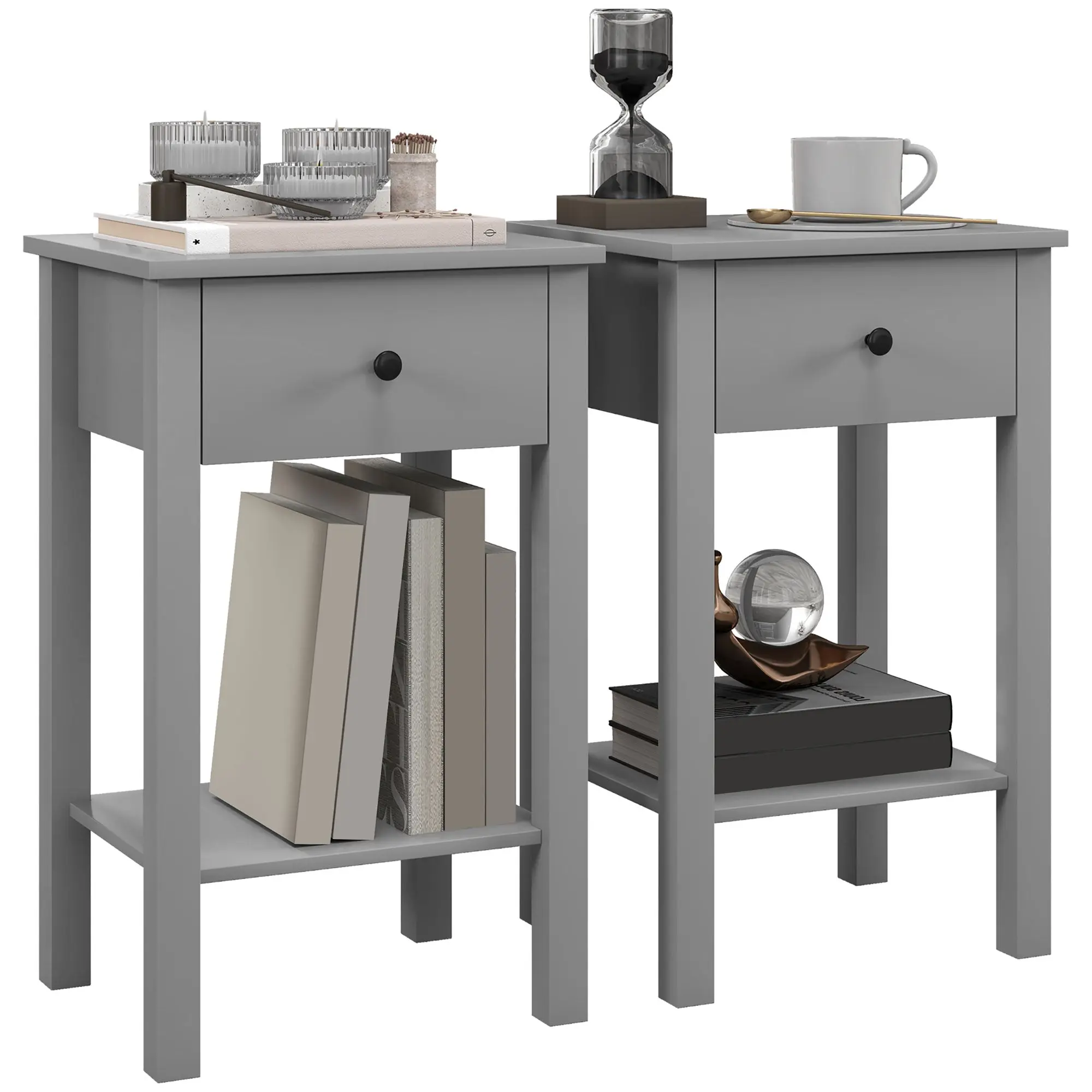 Set of 2 Side Tables with Drawer & Bottom Shelf, Grey