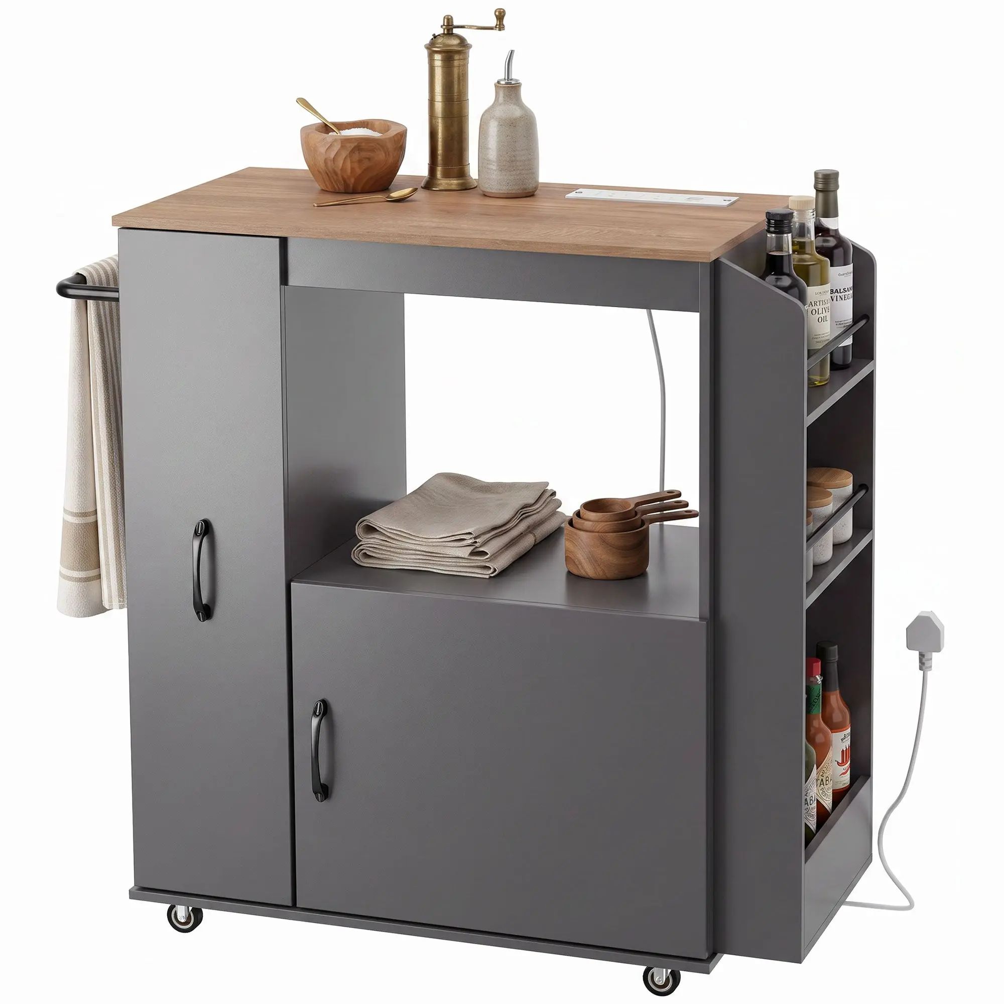 Rolling Kitchen Cart with Power Outlet, Cabinet and Pull-Out Drawer, Grey
