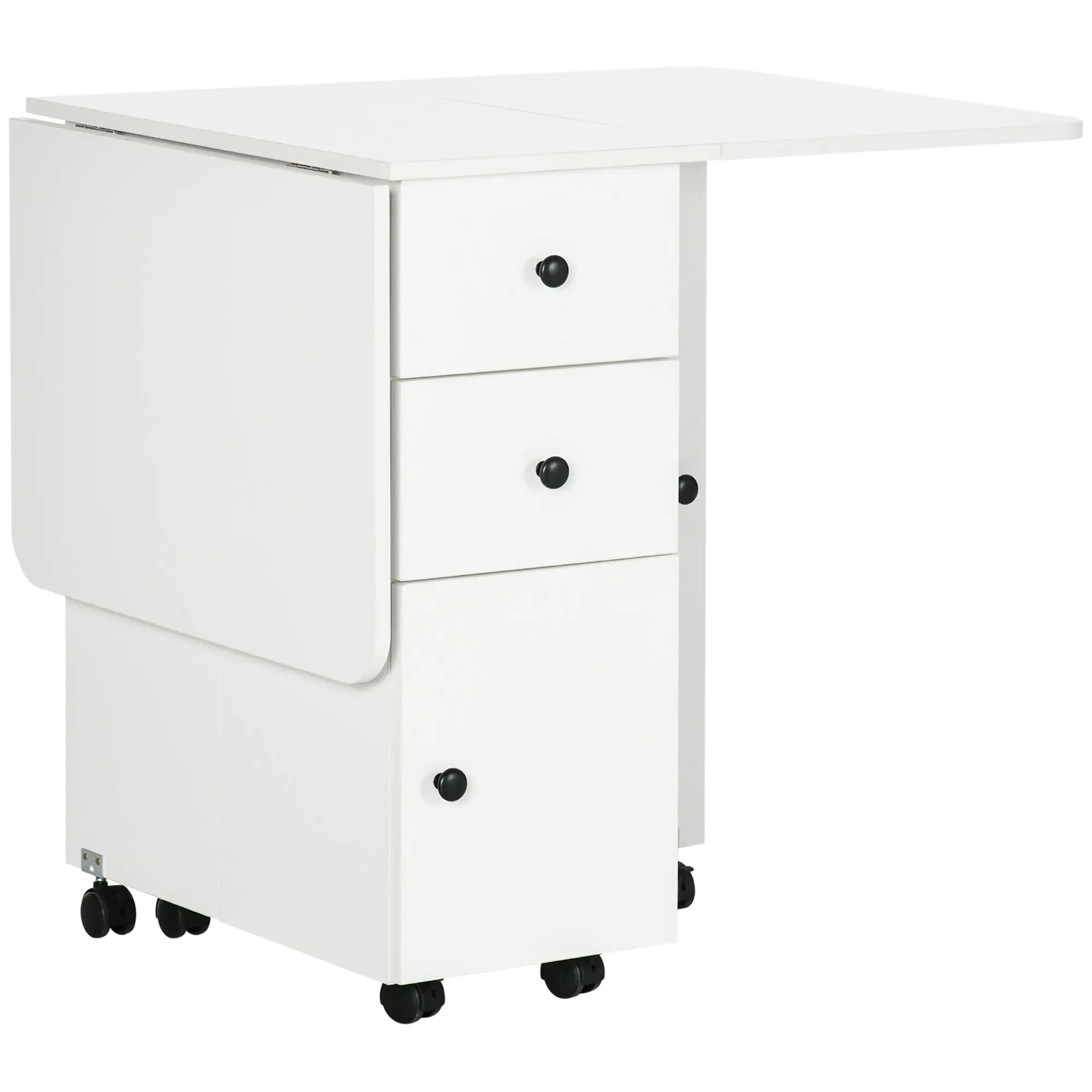 Folding Dining Table on Wheels for 4-6 with Storage Drawers, Cabinet, White