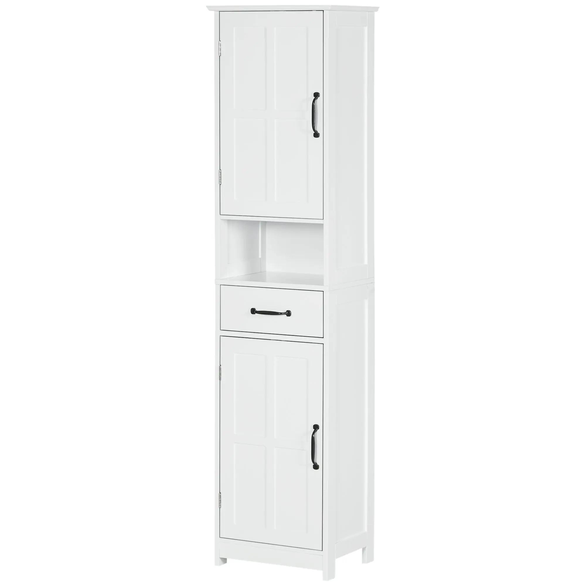 65" Bath Linen Cabinet, Narrow Bathroom Cabinet w/ Open Shelf & Adjustable Shelves, White
