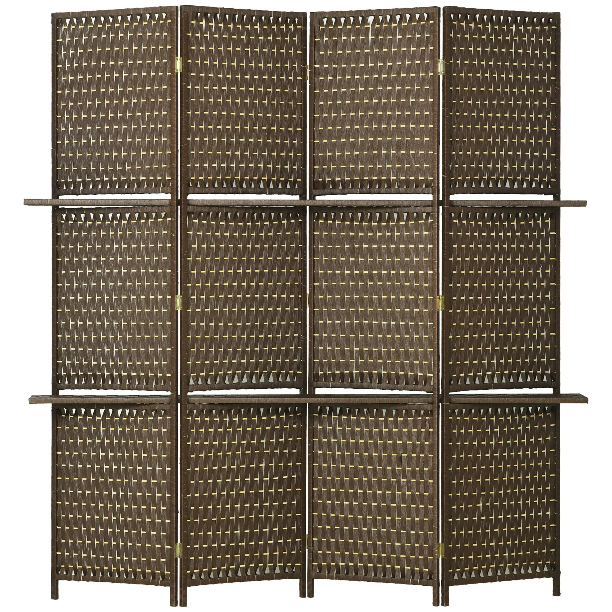 4-Panel Folding Room Divider with Shelves, Wave Fibre Screen 180 cm, Brown