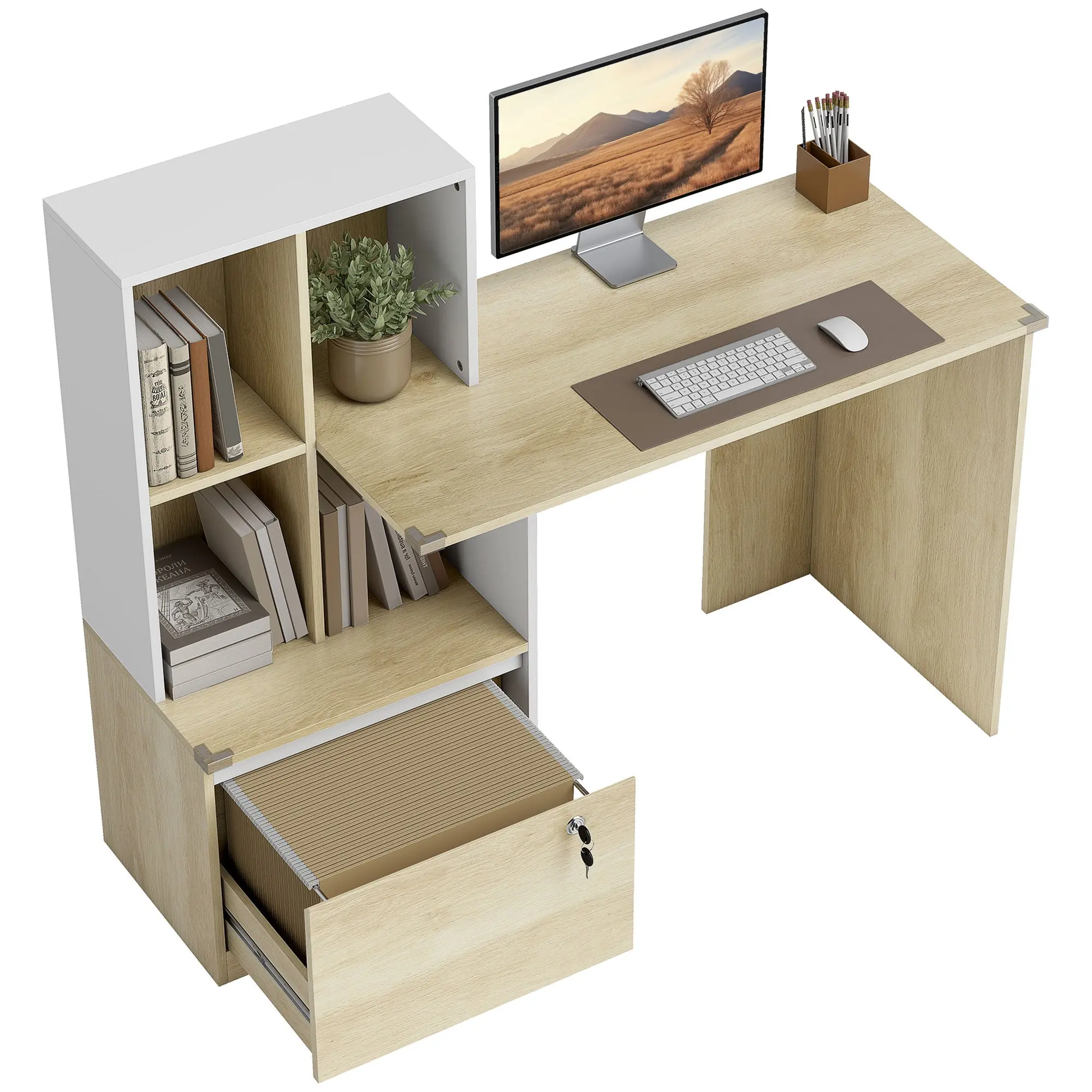 126 cm Computer Desk with Bookshelf, Lockable Drawer & Adjustable File Rails, Oak Wood Effect
