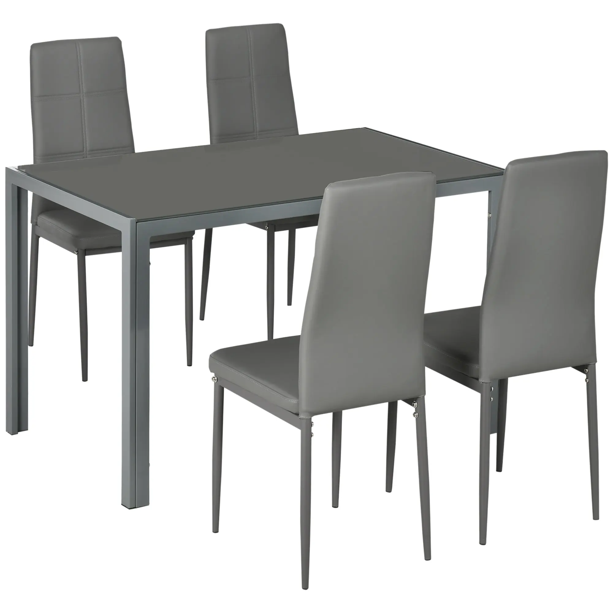 5-Piece Rectangular Glass Kitchen Table and 4 Faux Leather Chairs, Grey