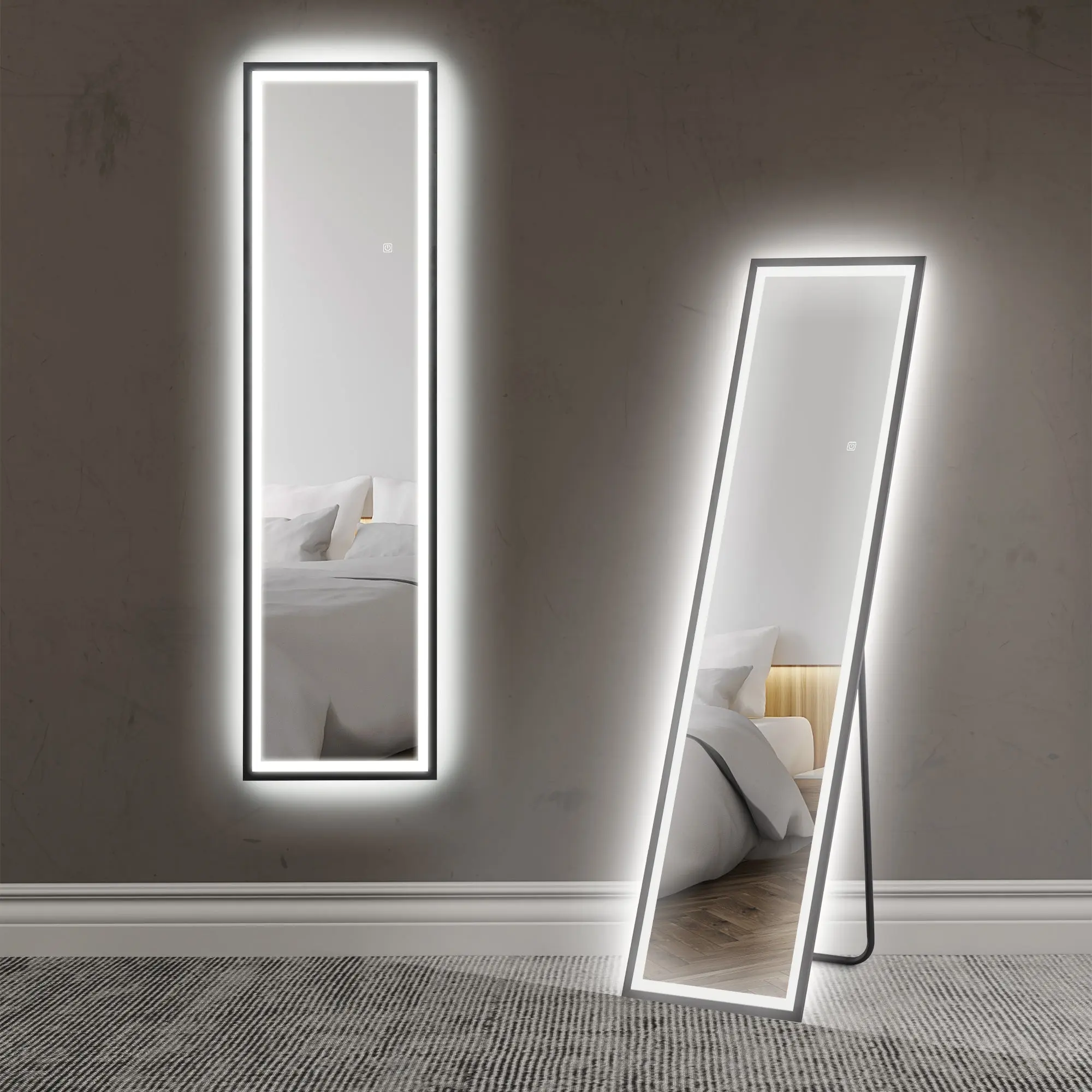 150 x 40cm Full Length Mirror, Freestanding Mirror with LED Lights & Metal Frame, Black