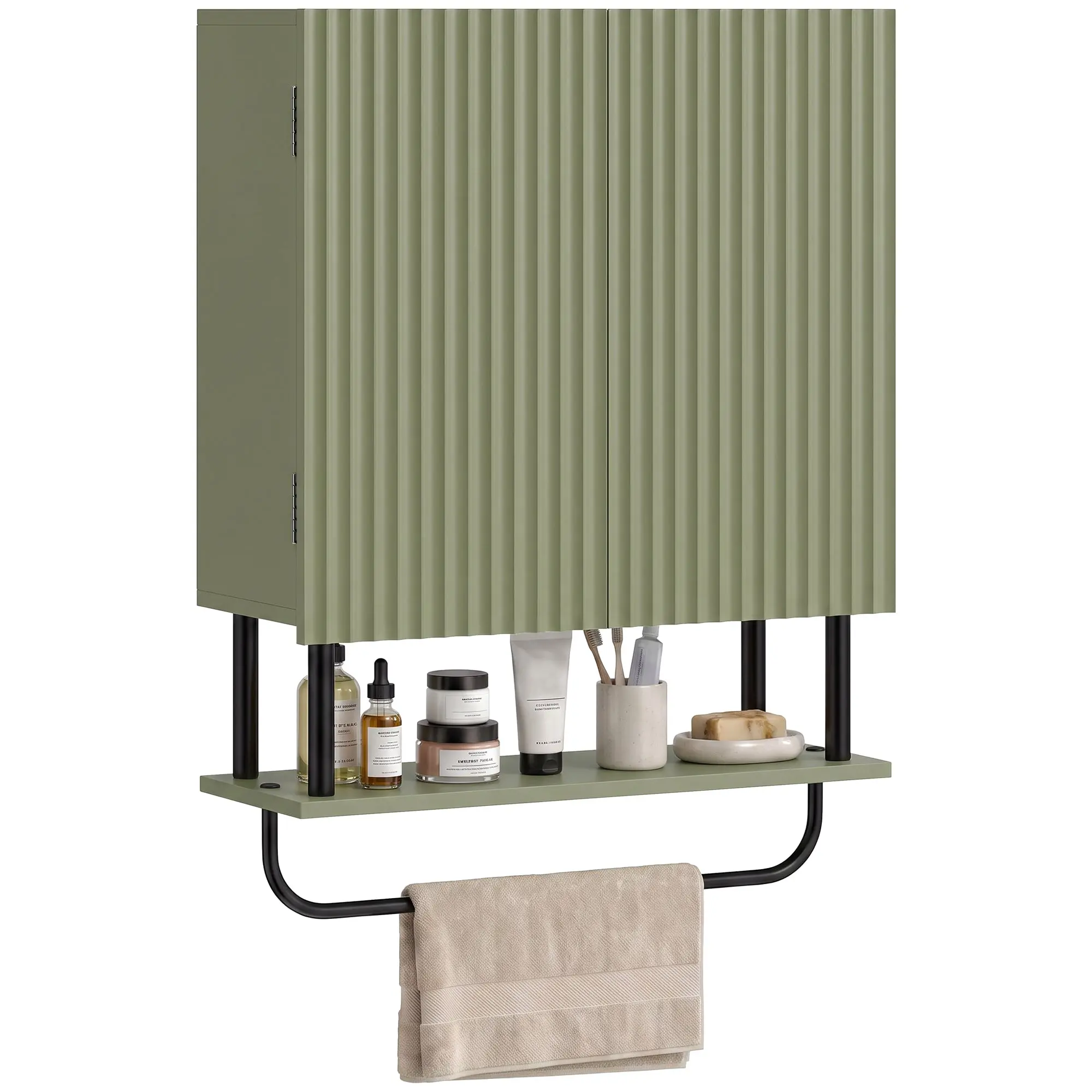 Wall-Mounted Cabinet with 2 Wavy Doors, Hidden Storage & Towel Bar, Green