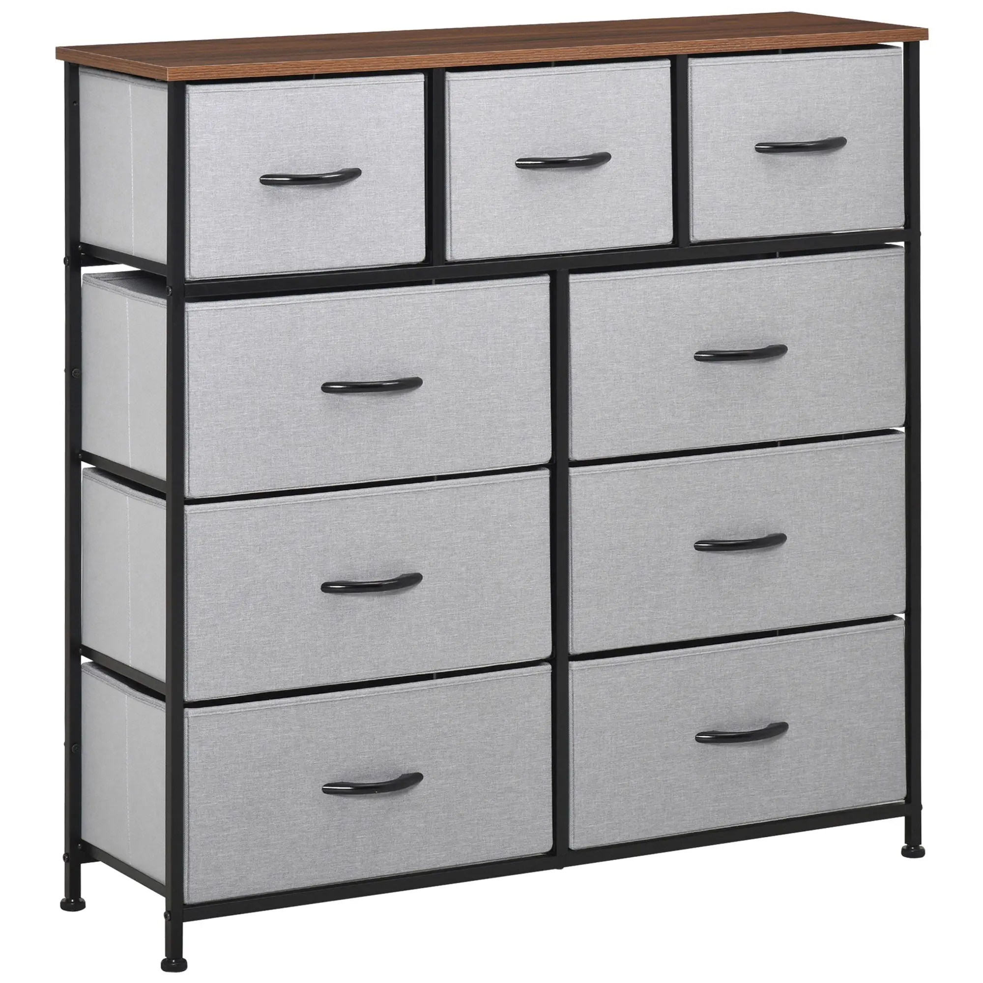 9-Drawer Dresser, 4-Tier Tall Storage Tower w/ Steel Frame & Wooden Top for Closets, Grey