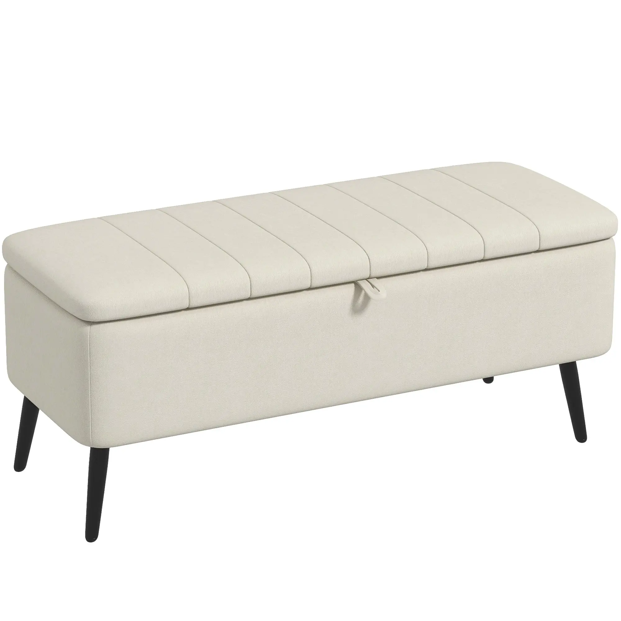 Rectangular Storage Ottoman with Flip Top & Steel Legs, Linen Fabric Footstool Bench, Cream White