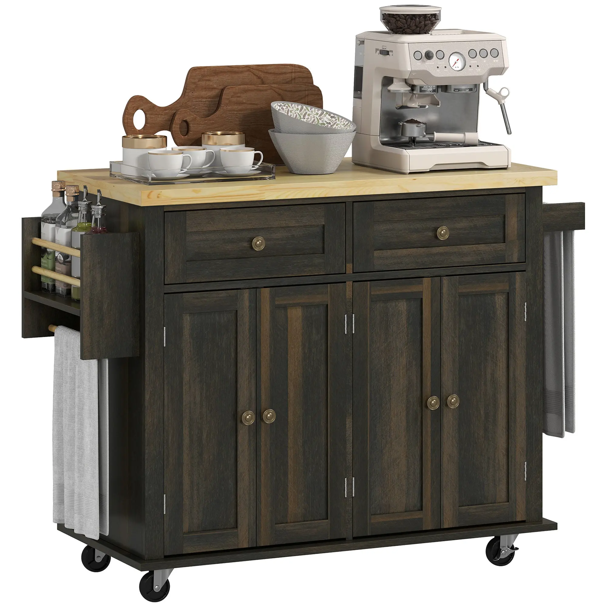 GlideSpace 44"W Butcher Block Cart, Movable Kitchen Island with Cabinets, Brown Oak