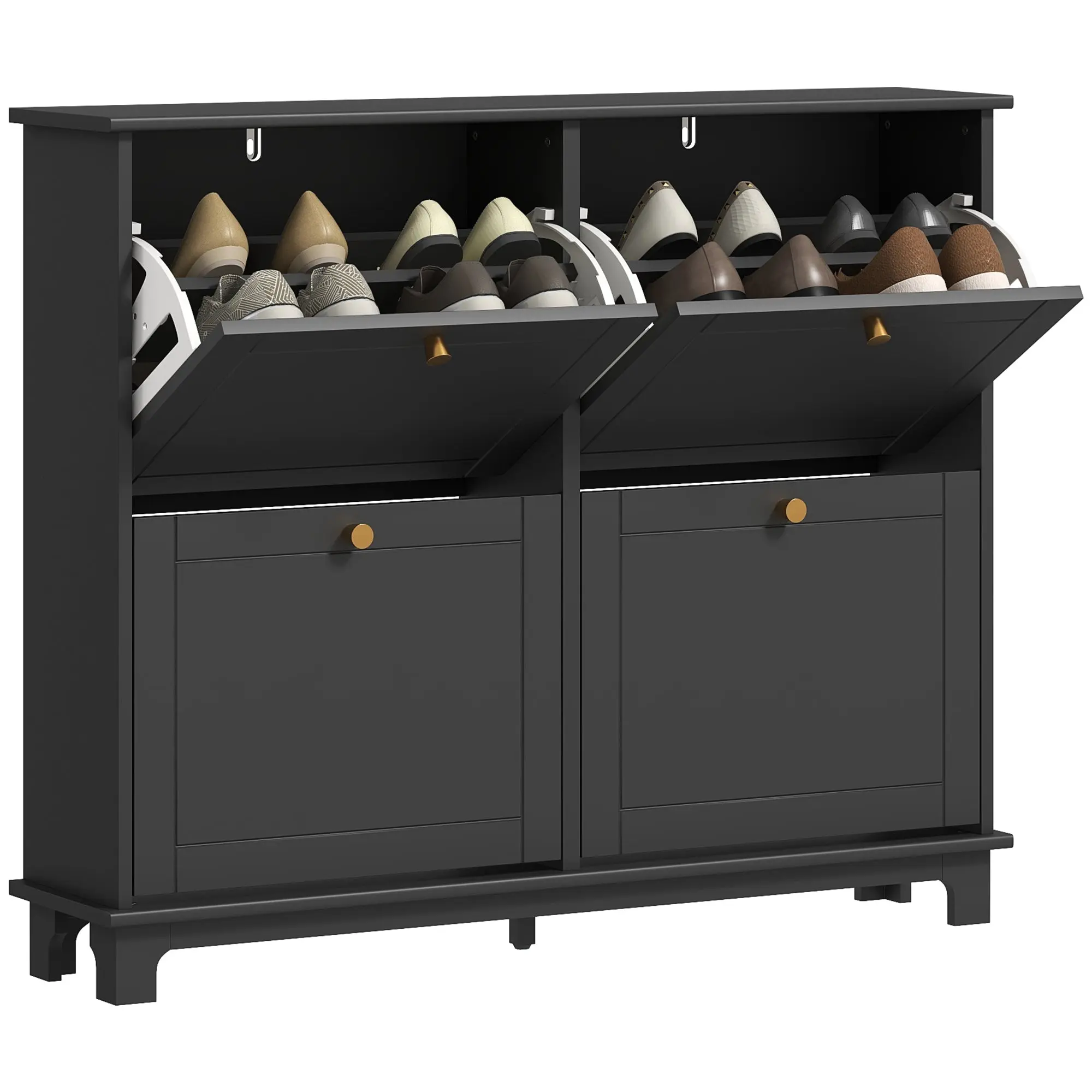 Narrow Shoe Cabinet with Wave-like Panels & 4 Flip Drawers for 16 Pairs of Shoes, Black