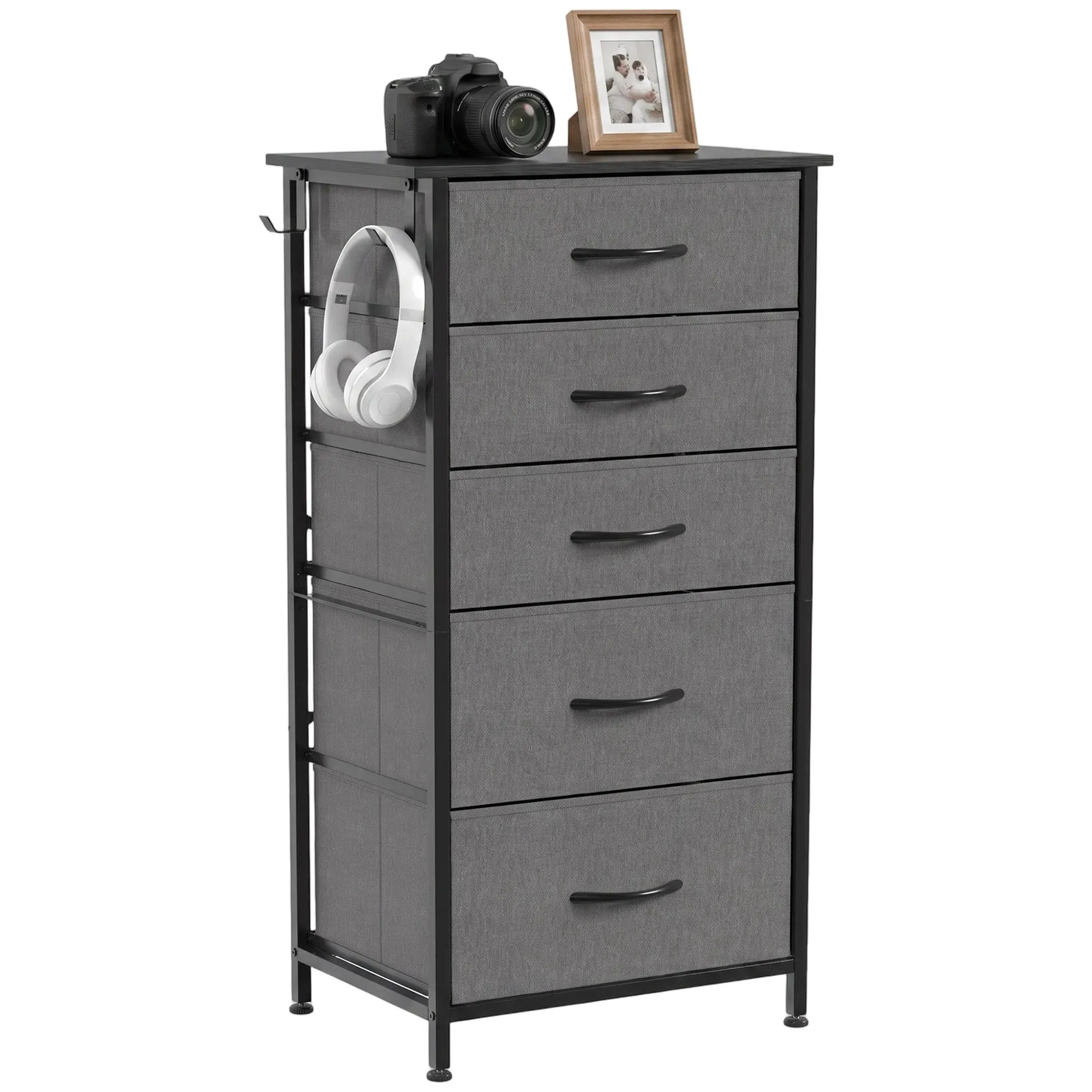 Chest with 5 fabric drawers, 4 pockets & 2 hooks, steel frame, charcoal grey