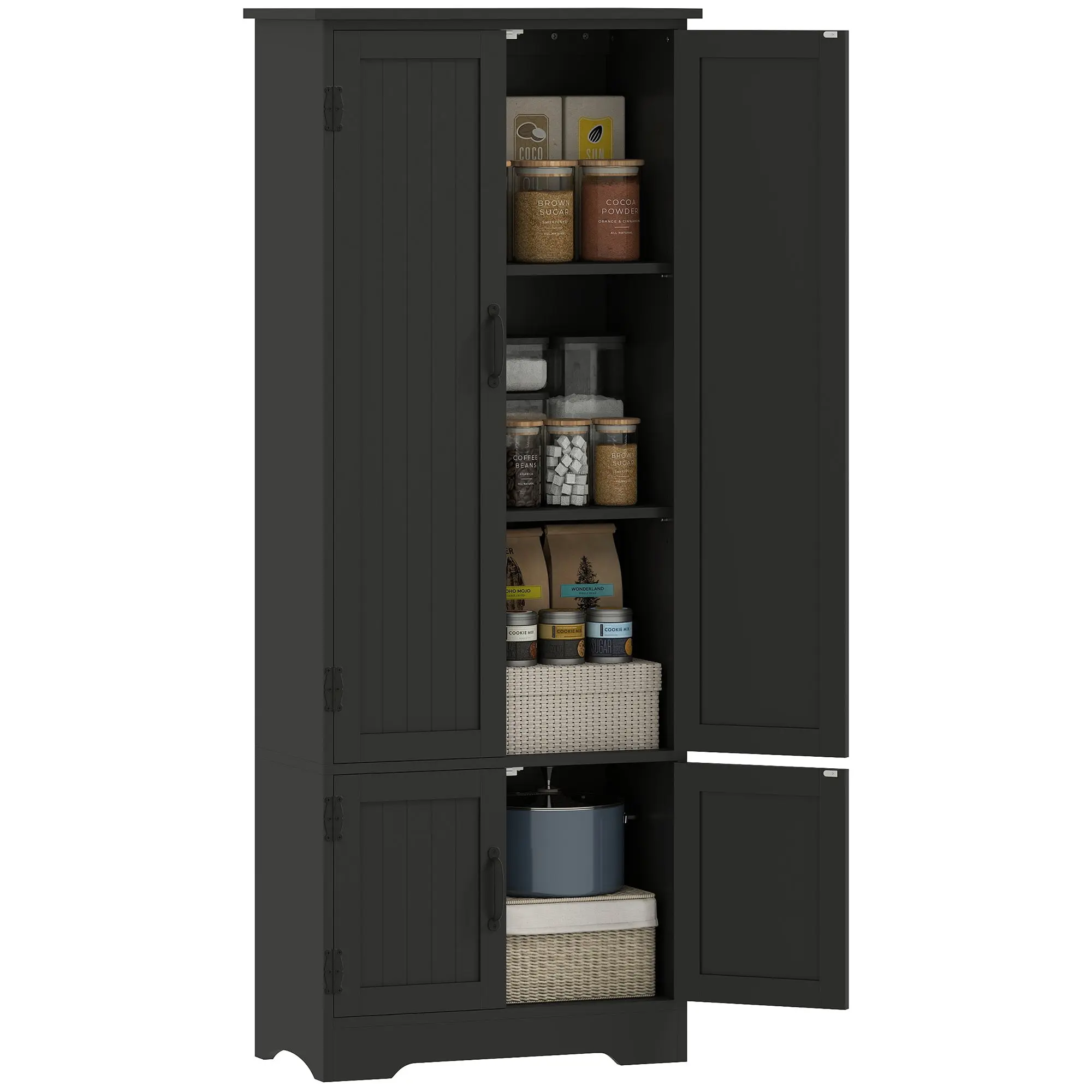 60" Freestanding Kitchen Pantry Cabinet with Adjustable Shelves and Doors, Black