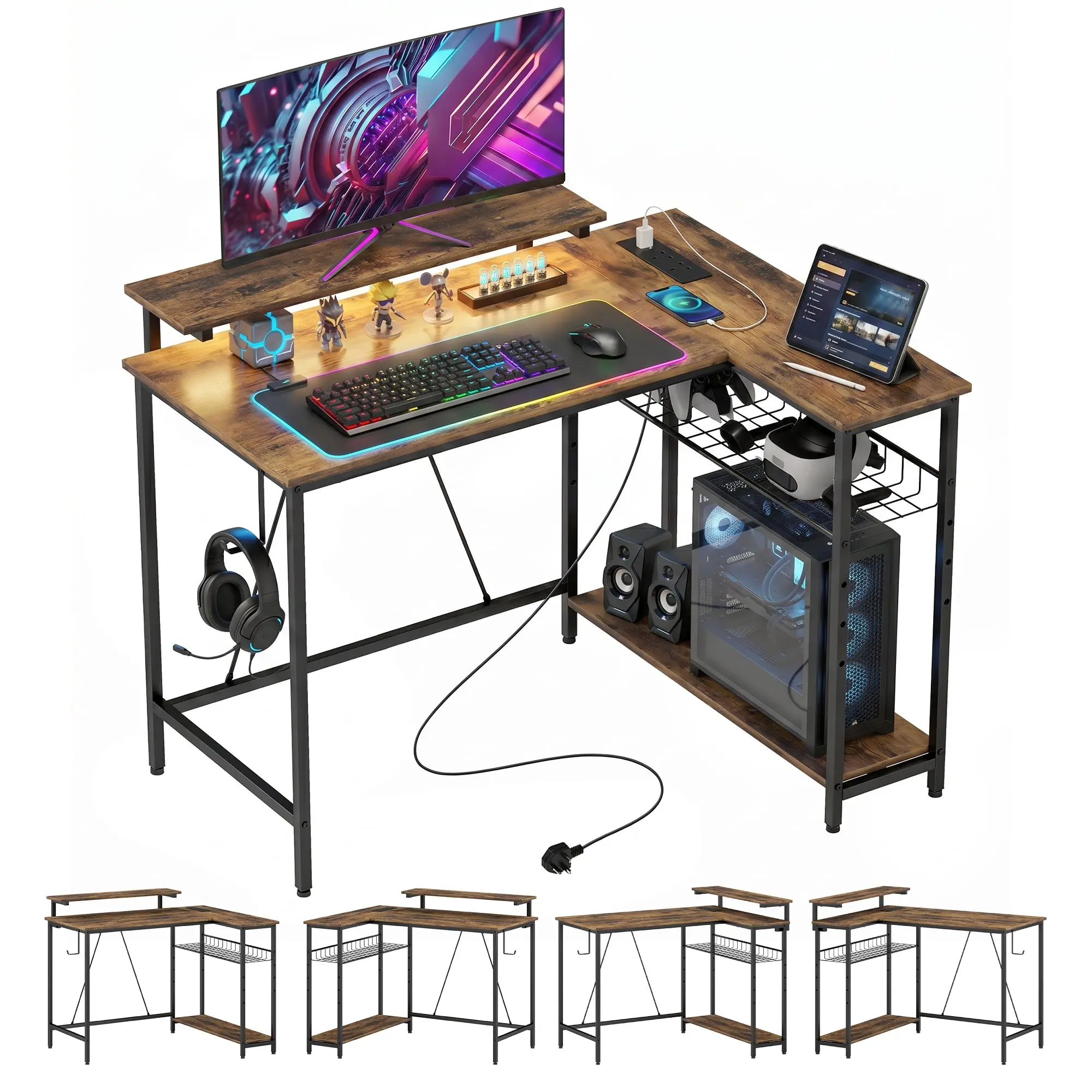 L-Shaped Gaming Desk with LED Lights, Power Outlet & USB Ports, 107cm Reversible Corner Desk with Storage Shelves and Monitor Stand, Rustic Brown