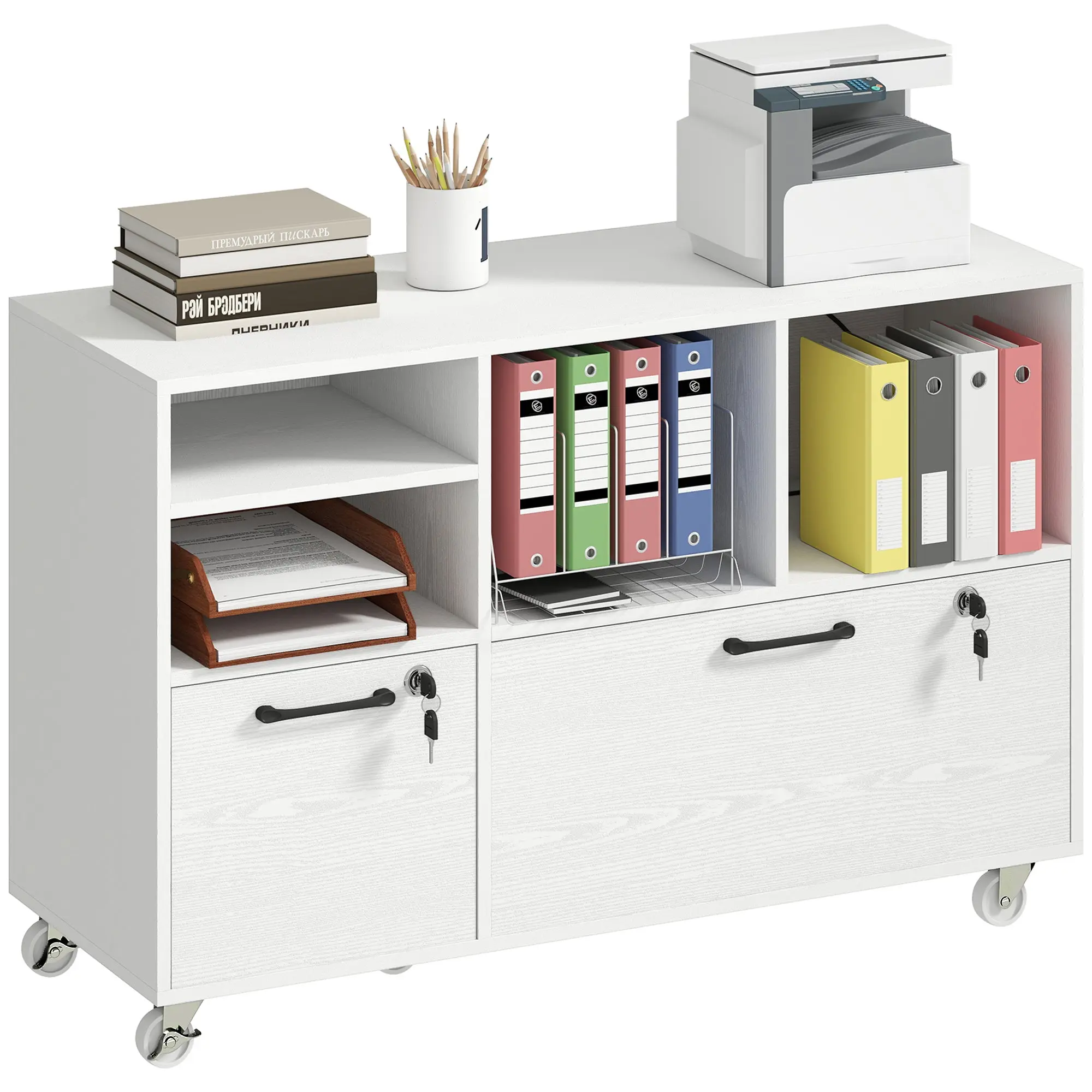 2-Drawer Mobile Filing Cabinet with Lock & Charging Dock A4/Letter/Legal White