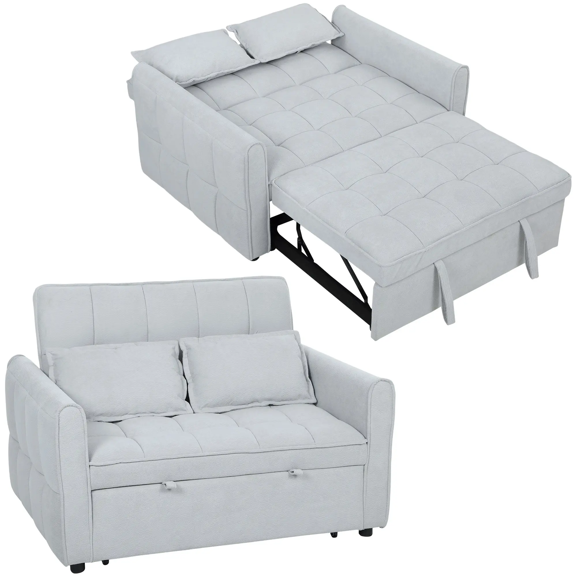 2-Seater 3-in-1 Velvet-Feel Convertible Sofa Bed with Sleeper, Light Grey