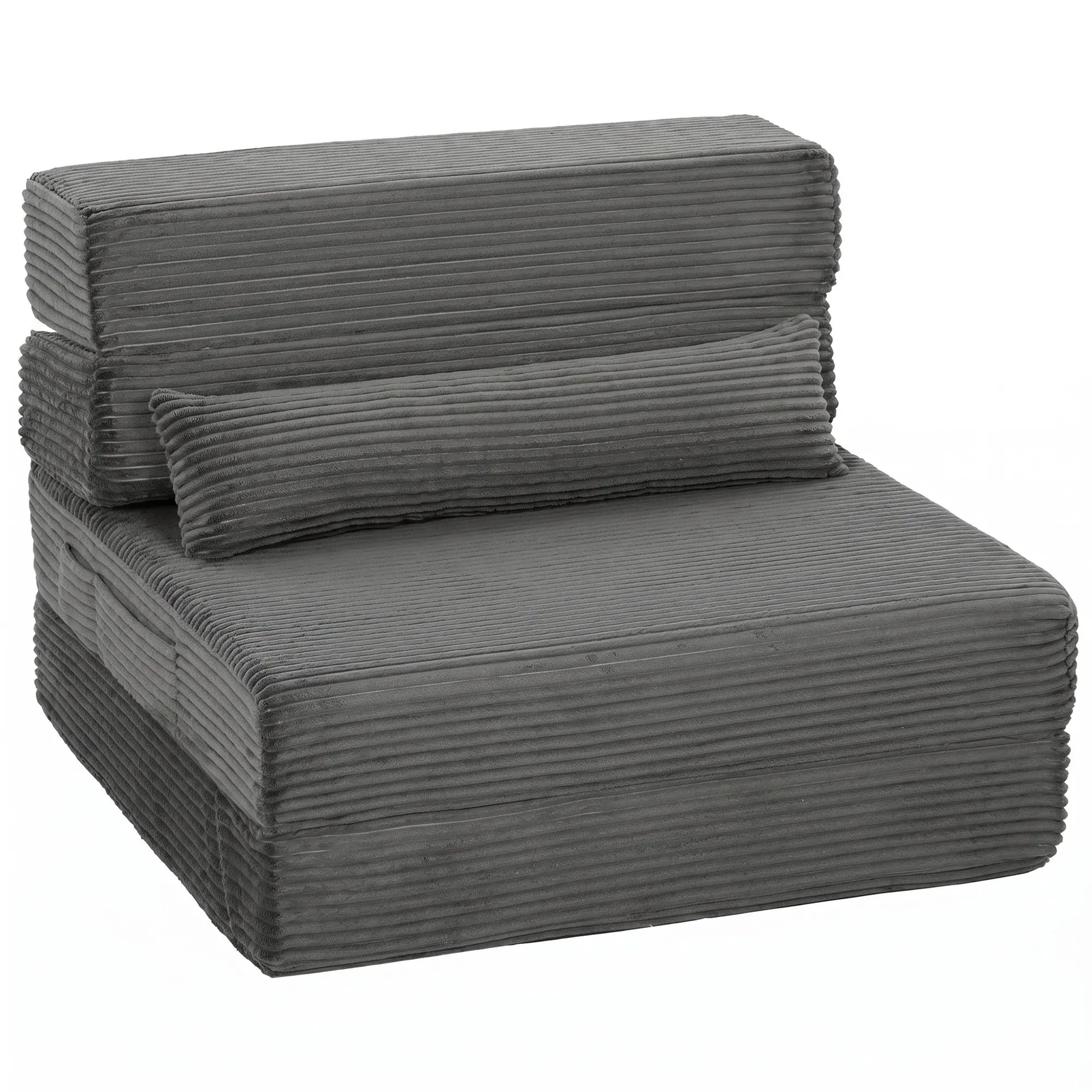 28" Folding Corduroy Floor Sofa Bed with Back Support & Side Pockets, Dark Grey