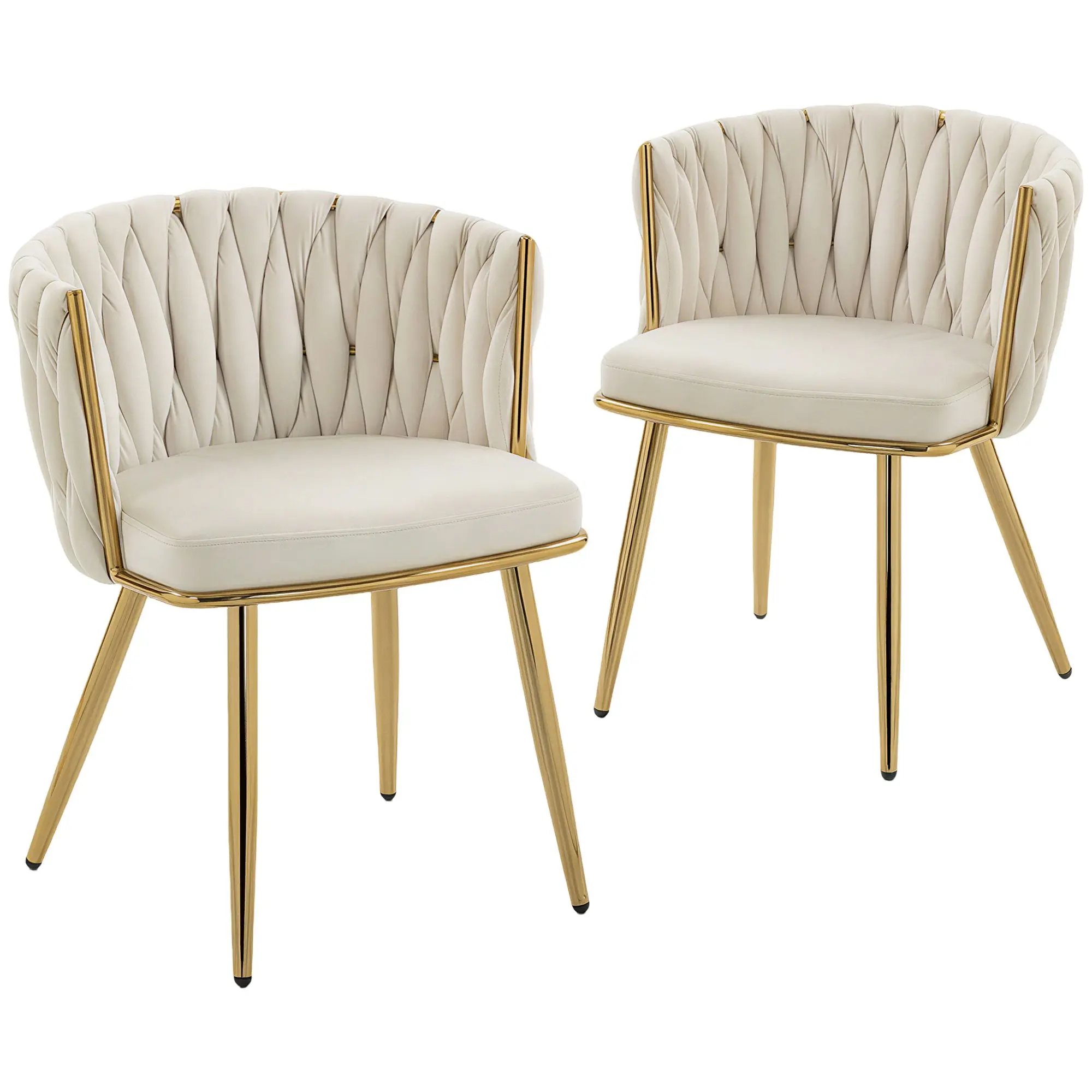 Modern Dining Chairs Set of 2, Velvet-Feel Upholstered Kitchen Chairs with Woven Backrest and Armrests, Metal Legs and Padded Seat for Dining Room, Living Room, Cream White