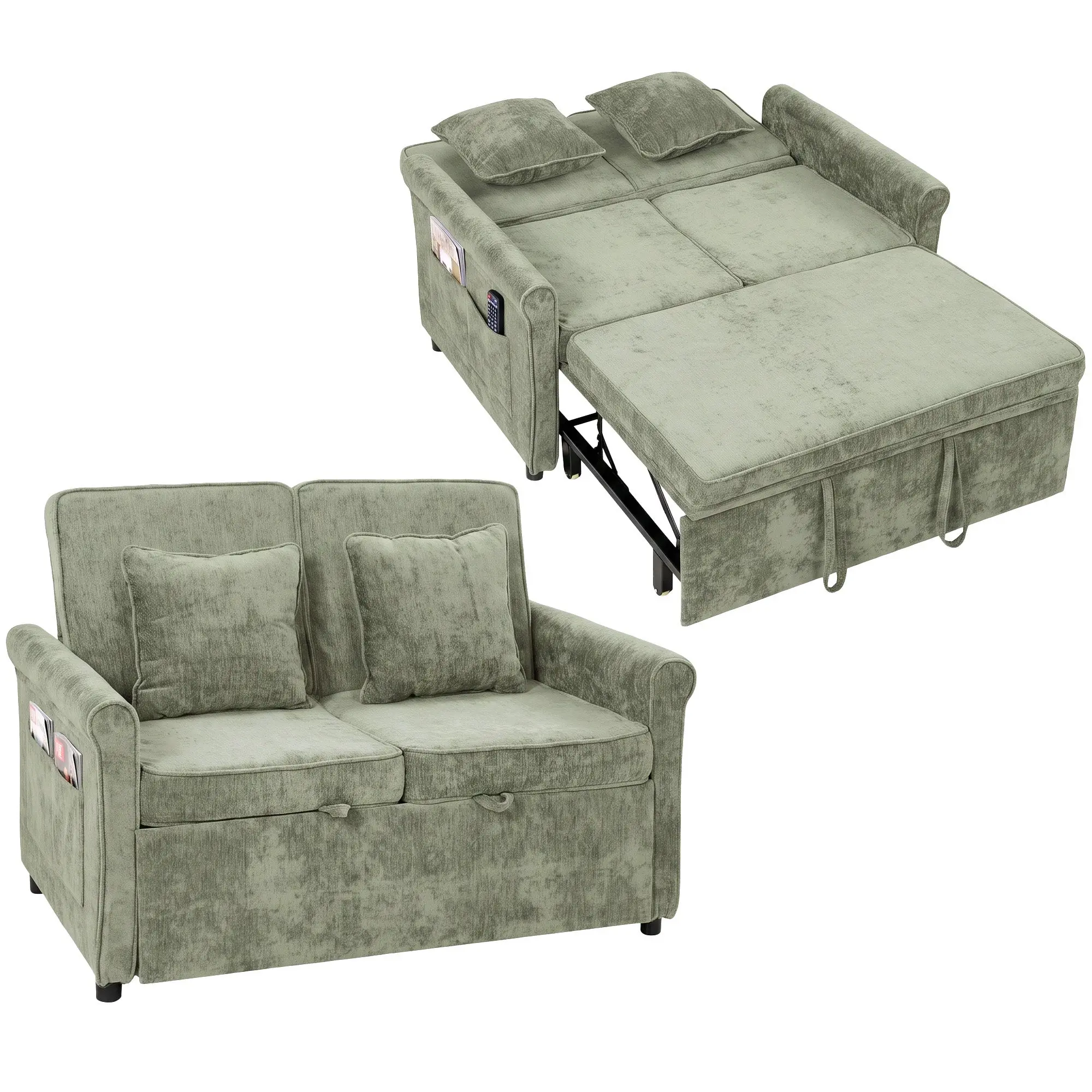 2-Seater Convertible Sofa Bed with 5-Position Backrest, 190x130 cm Light Green