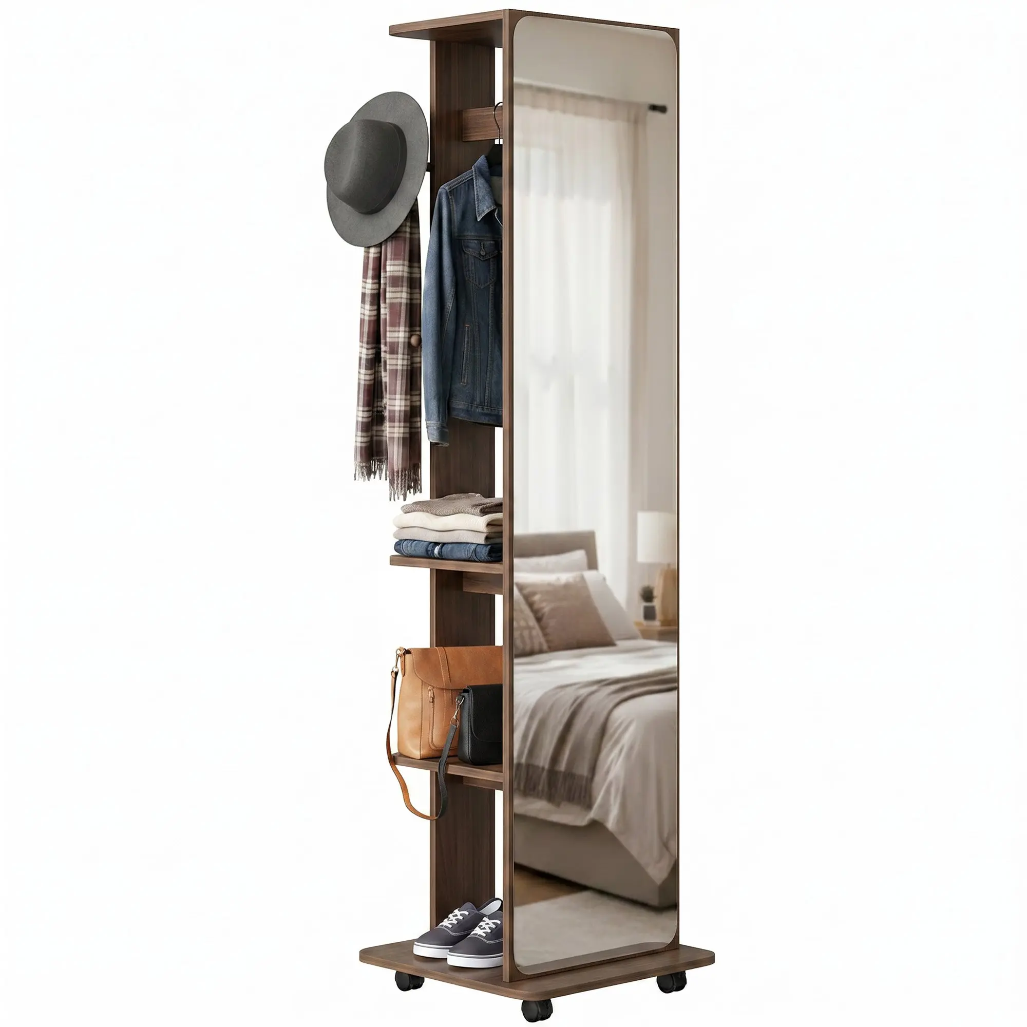 62" x 15" Full Tempered Glass Mirror on Wheels with Shelves & Hooks, Brown