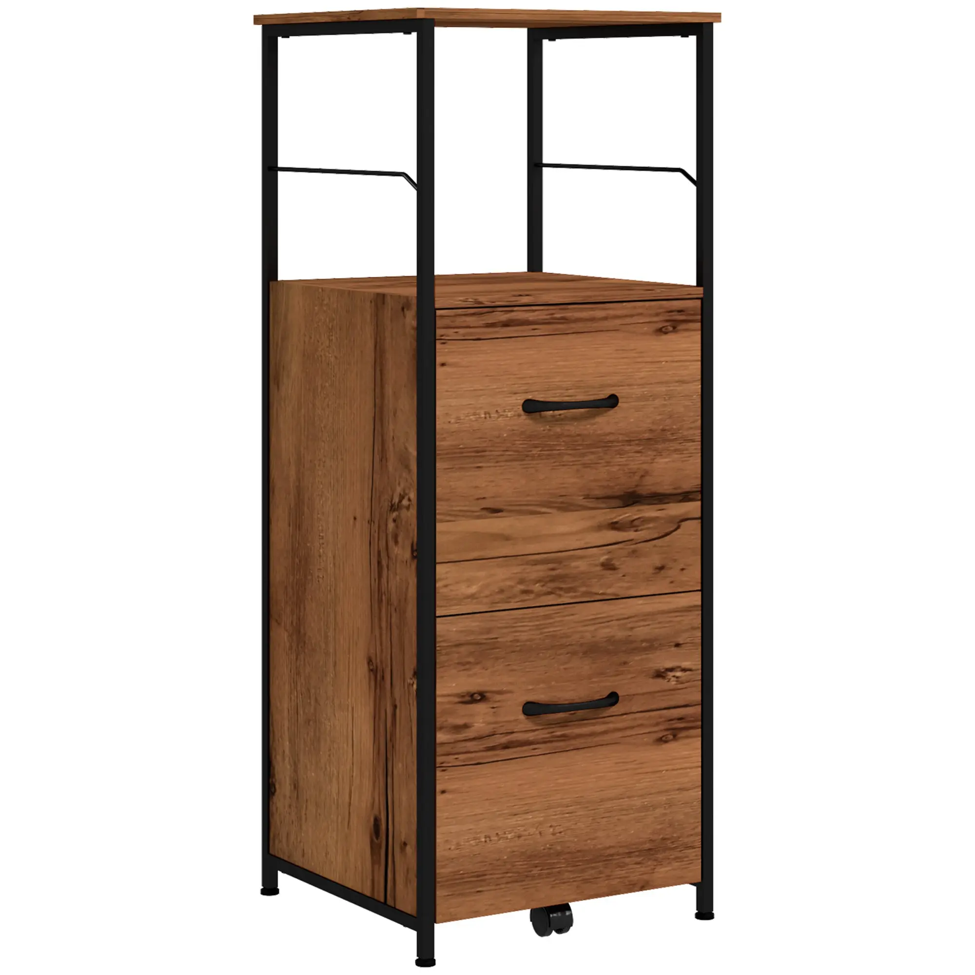 42.5" Tall File Cabinet w/ 2 Drawers & Open Shelf, Industrial Printer Stand, Rustic Brown
