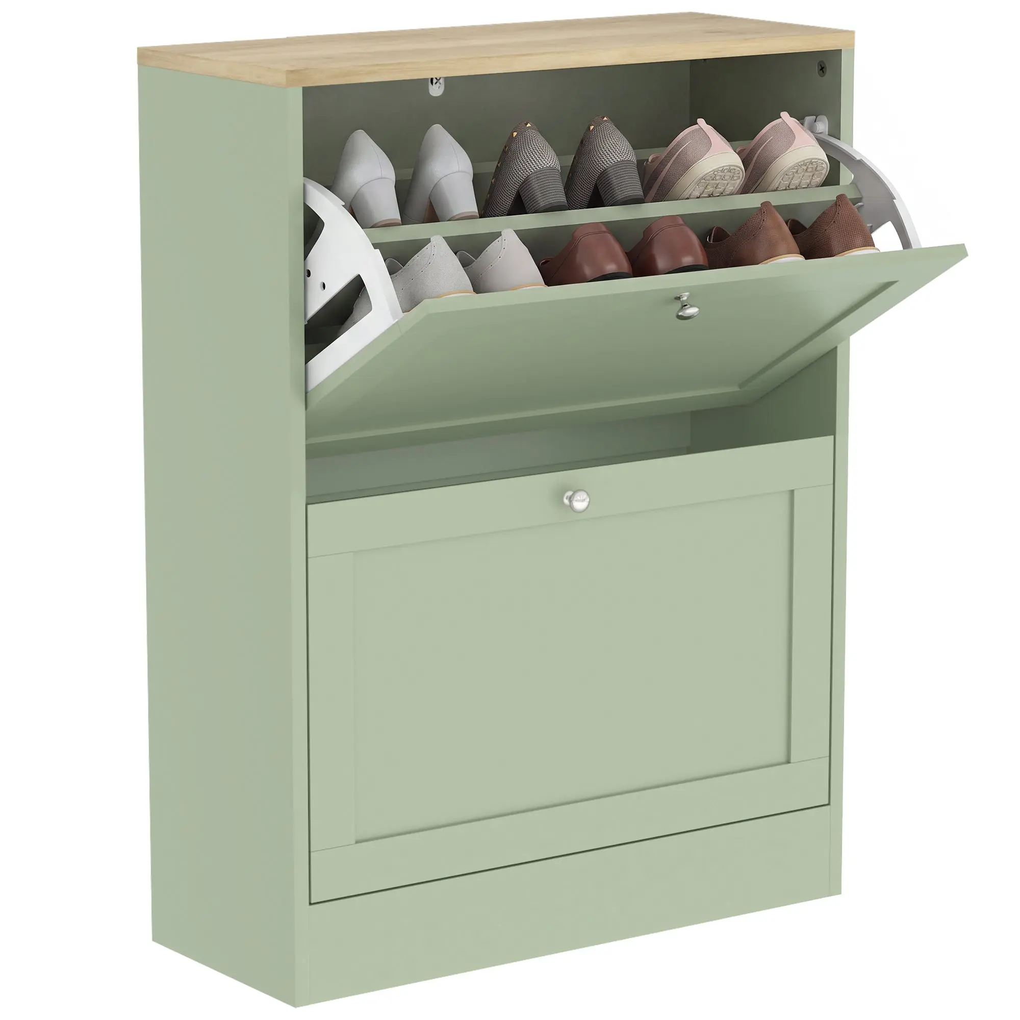 Slim shoe cabinet with 2 flip drawers and adjustable shelves, green