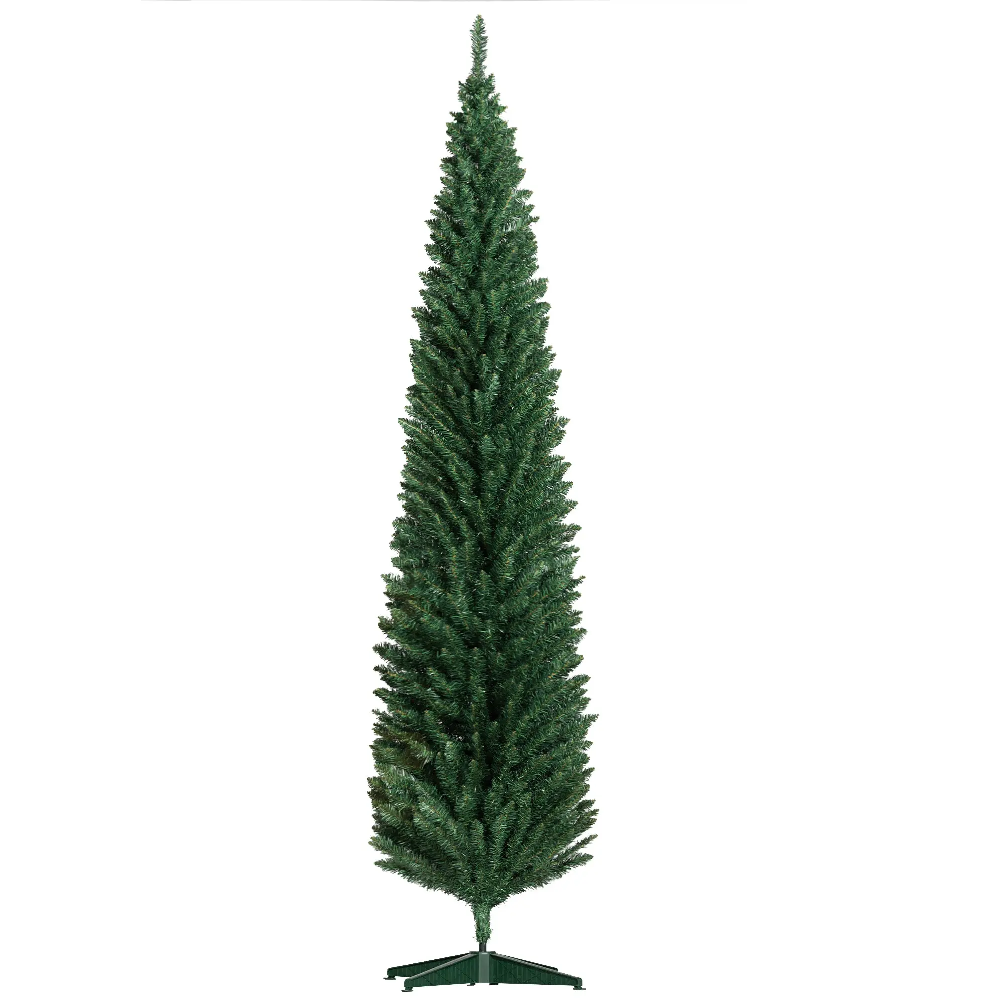 8ft Unlit Pencil Artificial Christmas Tree with Realistic Branches and 618 Tips Plastic Base Green