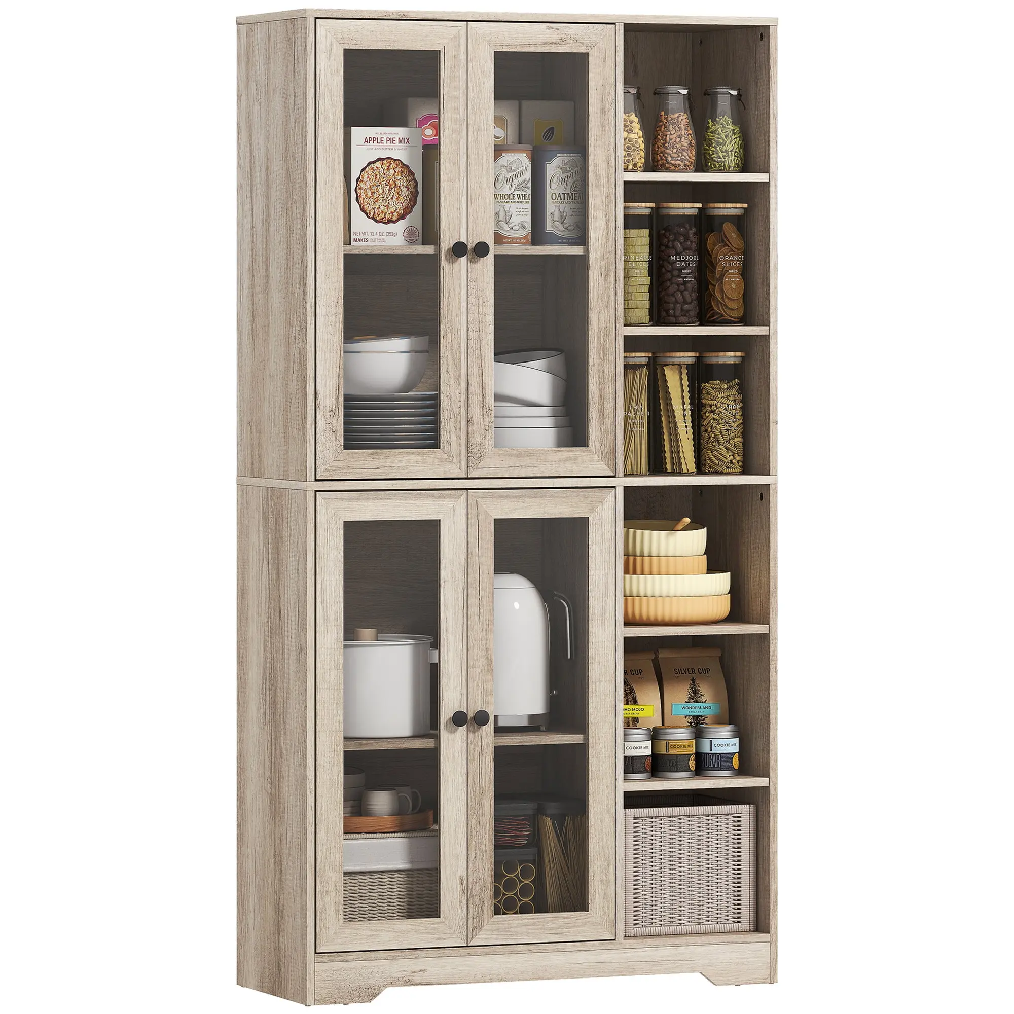 172 cm Tall Kitchen Cupboard, Pantry Storage Cabinet with Tempered Glass Doors and Soft-Close Hinges, Freestanding Kitchen Cabinet with Adjustable Shelves and 6 Open Shelves, Light Grey