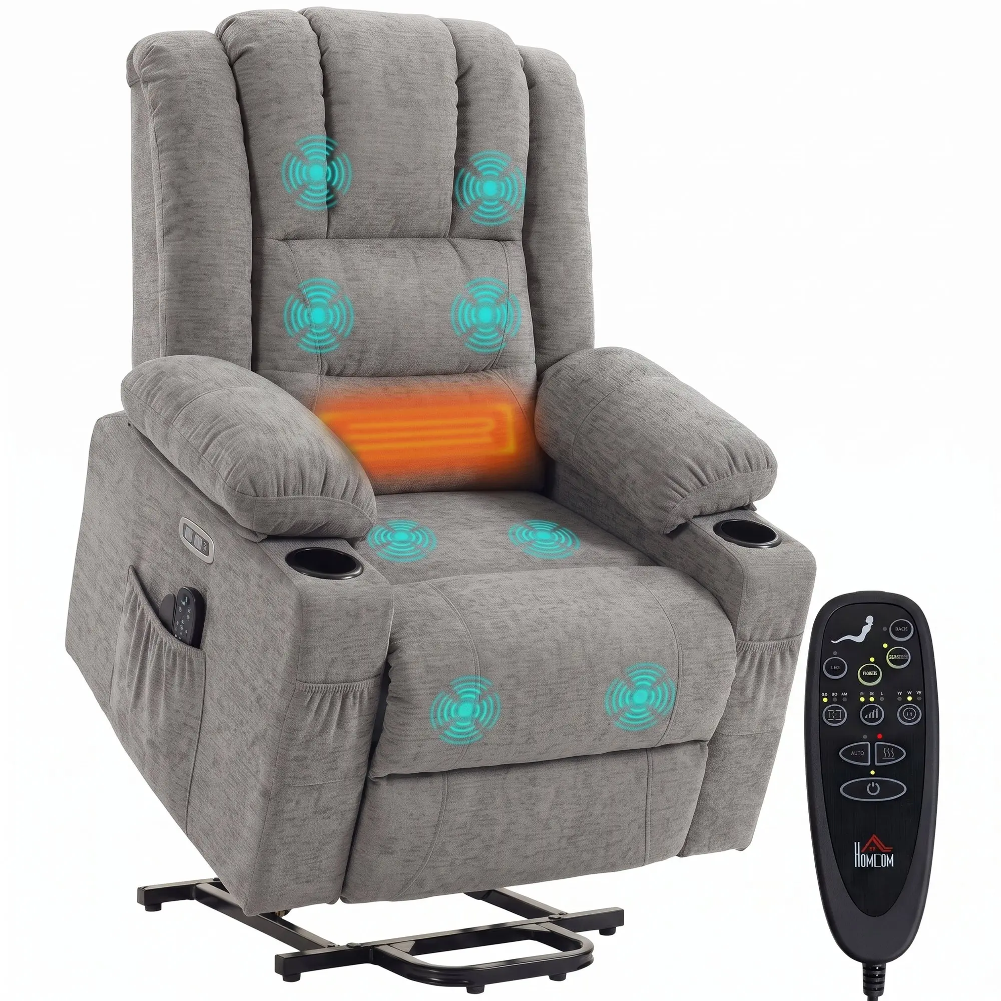Oversized Power Riser Recliner with Vibration Massage and Heat, Wide Seat, Grey