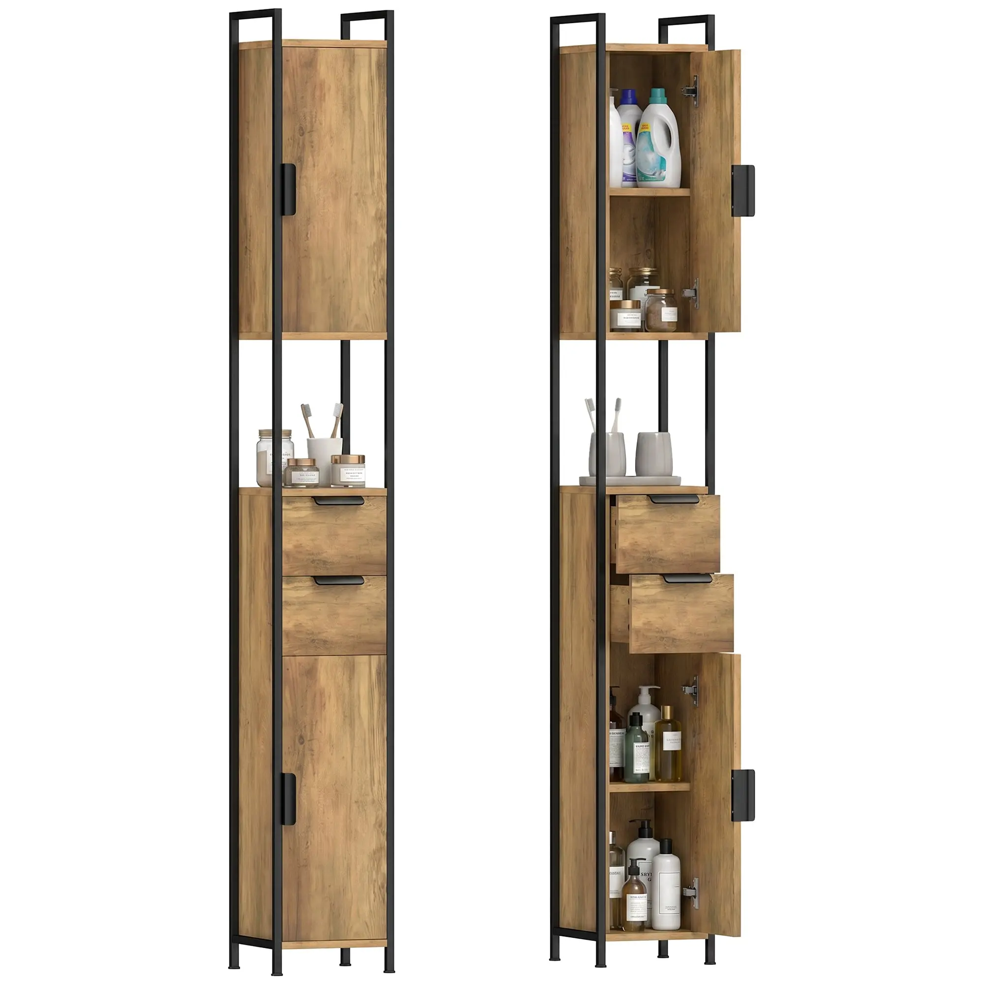 Tall Freestanding Bathroom Cabinet with Drawers & Adjustable Shelves, Linen Storage in Brown